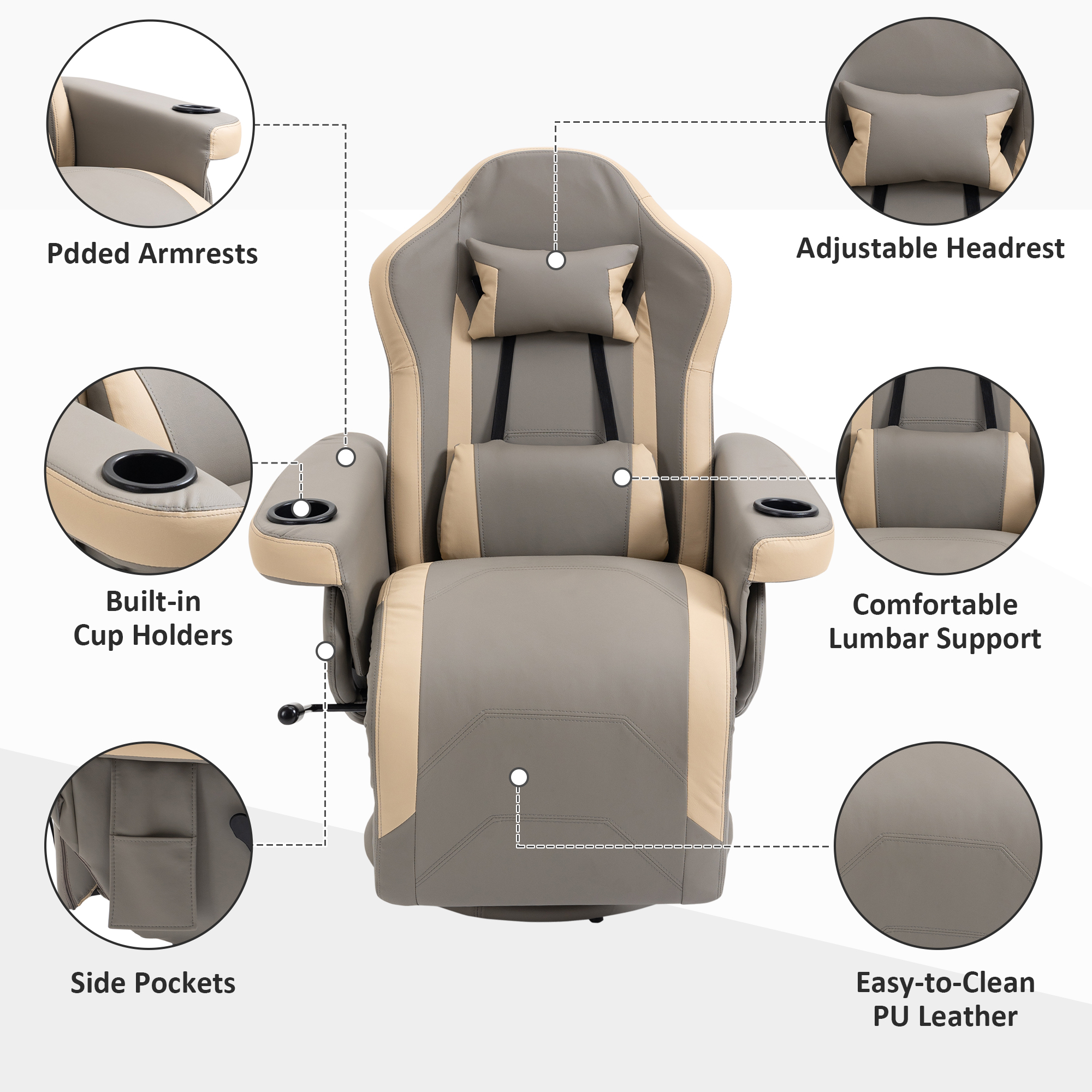 HOMCOM Manual Recliner Chair Armchair PU Leather Lounge Chair w/ Adjustable Leg Rest, 135Â° Reclining Function, 360Â° Swivel, Grey