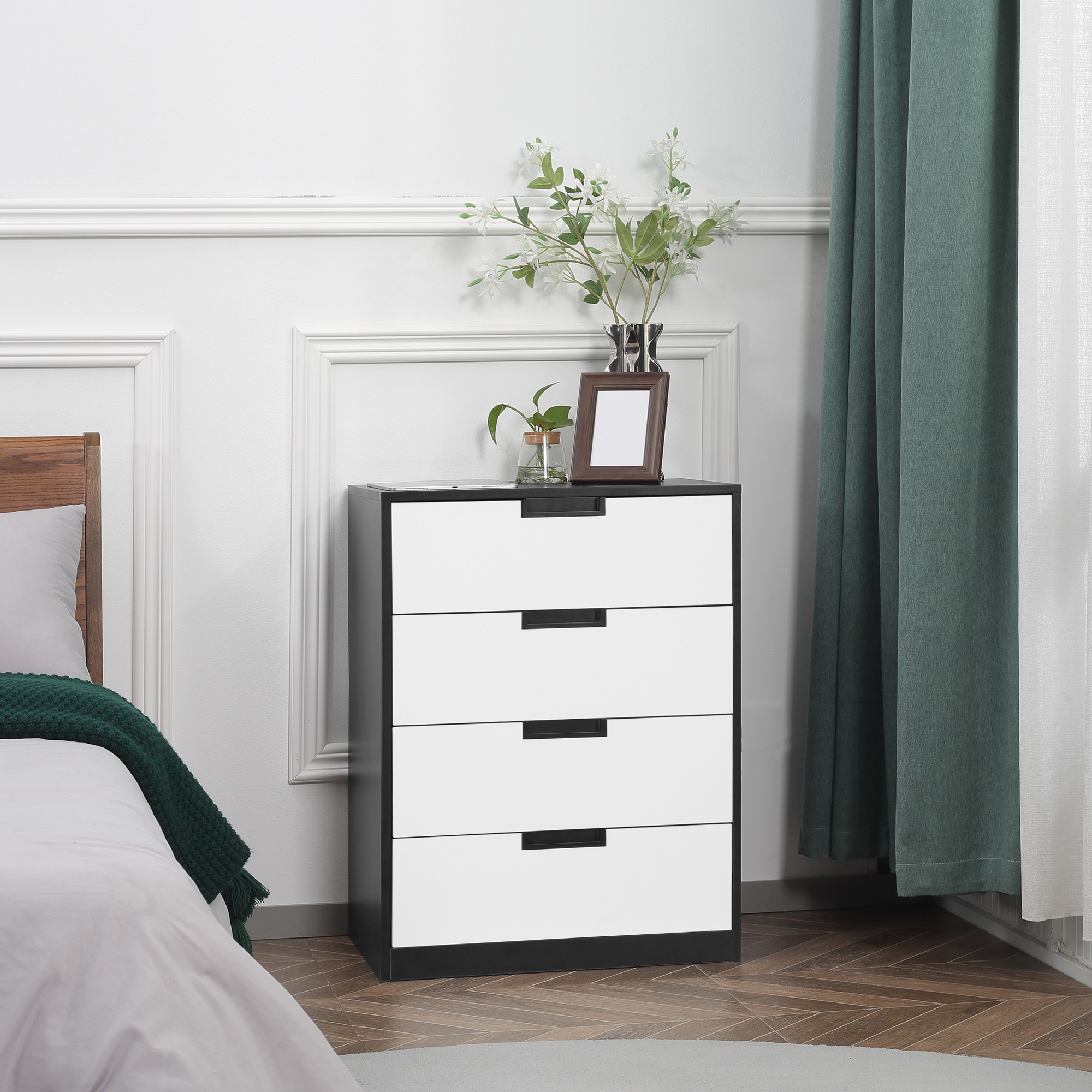 HOMCOM Storage Drawer Chest, 4-Drawer Organiser Cabinet for Bedroom or Living Room, 60cm x 40cm x 80cm, White and Black