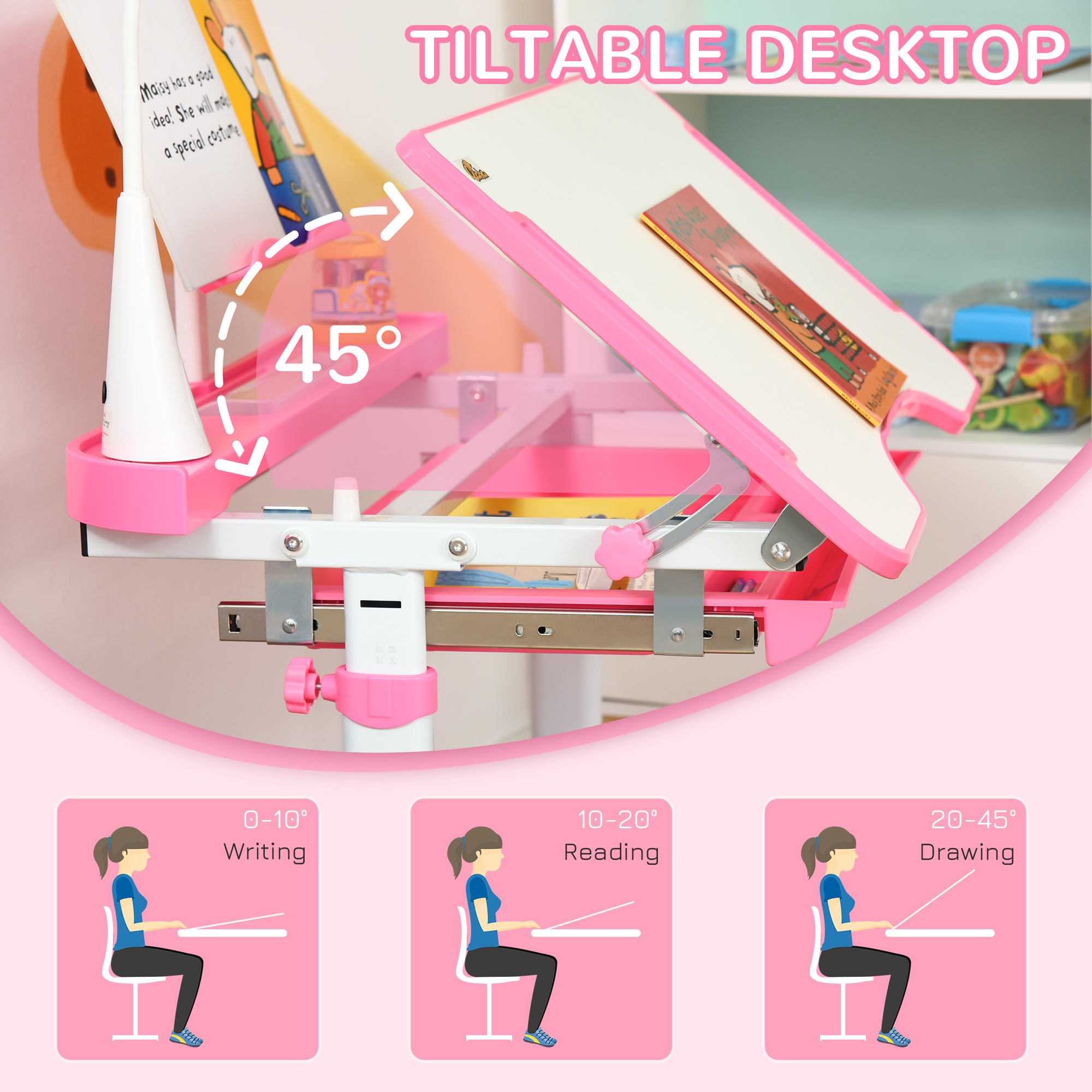 HOMCOM Kids Desk and Chair Set, Height Adjustable Study Desk with USB Lamp, Storage Drawer for Study, Pink and White