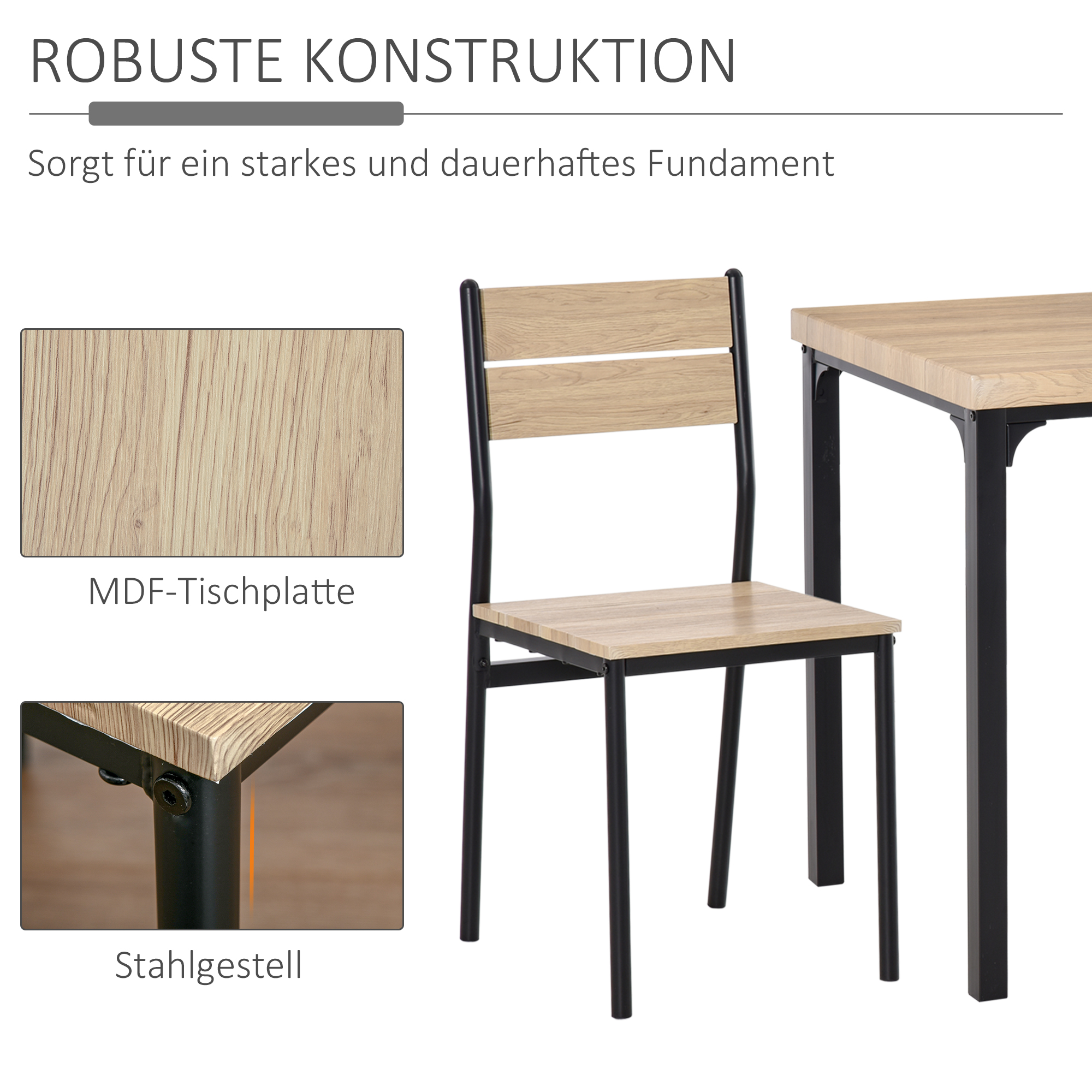 3-osaline söögilaua/köögilaua komplekt toolidega, naturaalne puiduimitatsioon + must, 1 laud + 2 tooli