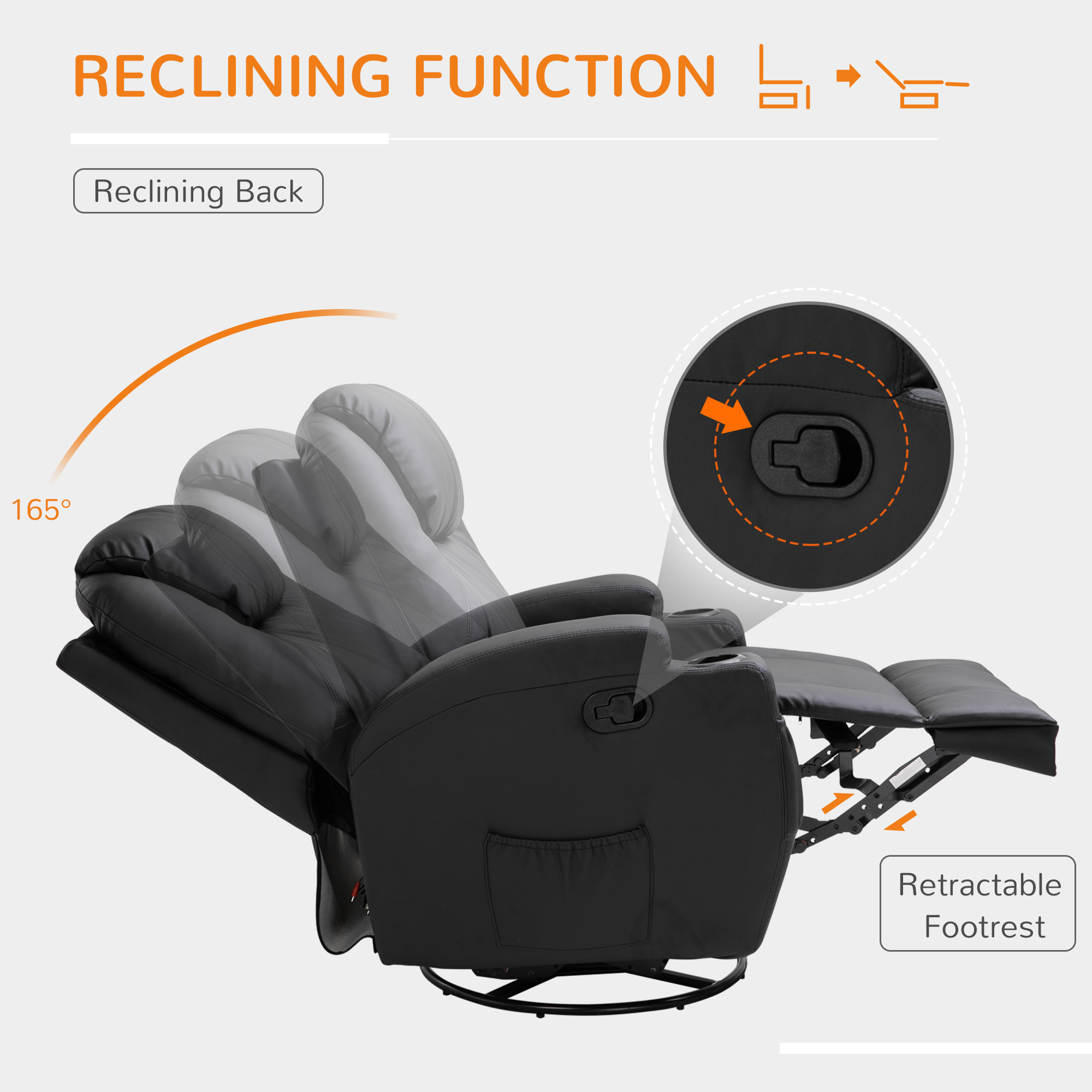 HOMCOM Recliner Sofa Chair PU Leather Armchair Cinema Massage Chair Swivel Nursing Gaming Chair Black