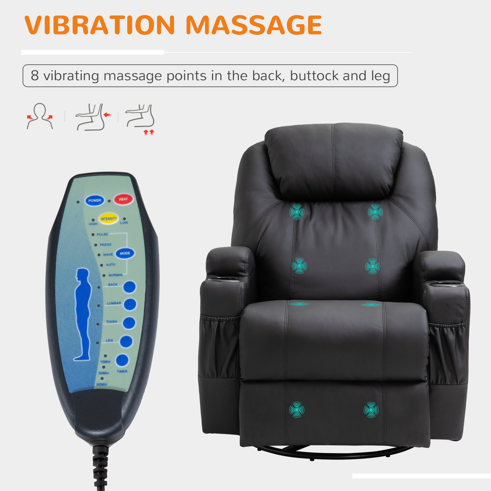 HOMCOM Recliner Sofa Chair PU Leather Armchair Cinema Massage Chair Swivel Nursing Gaming Chair Black