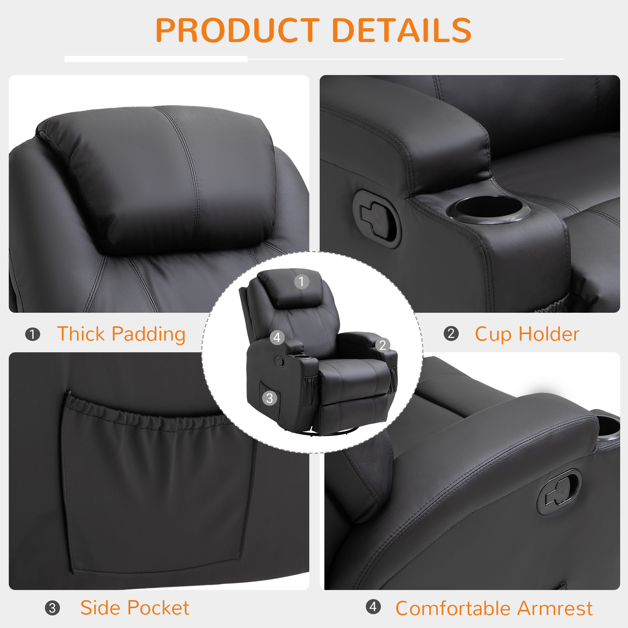 HOMCOM Recliner Sofa Chair PU Leather Armchair Cinema Massage Chair Swivel Nursing Gaming Chair Black