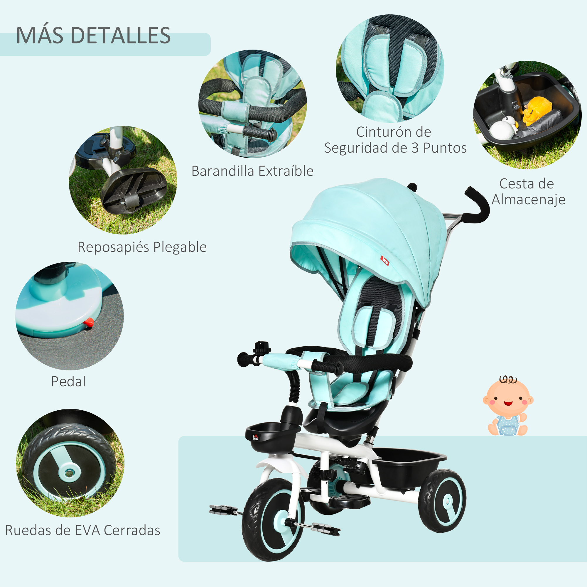 HOMCOM Triciclo Bebé 6 en 1 Triciclo Evolutivo para Niños de +12 Meses con  Asiento Reversible Capota Plegable Mango de Empuje Telescópico y Barra  Extraíble 100x48x106 cm Gris