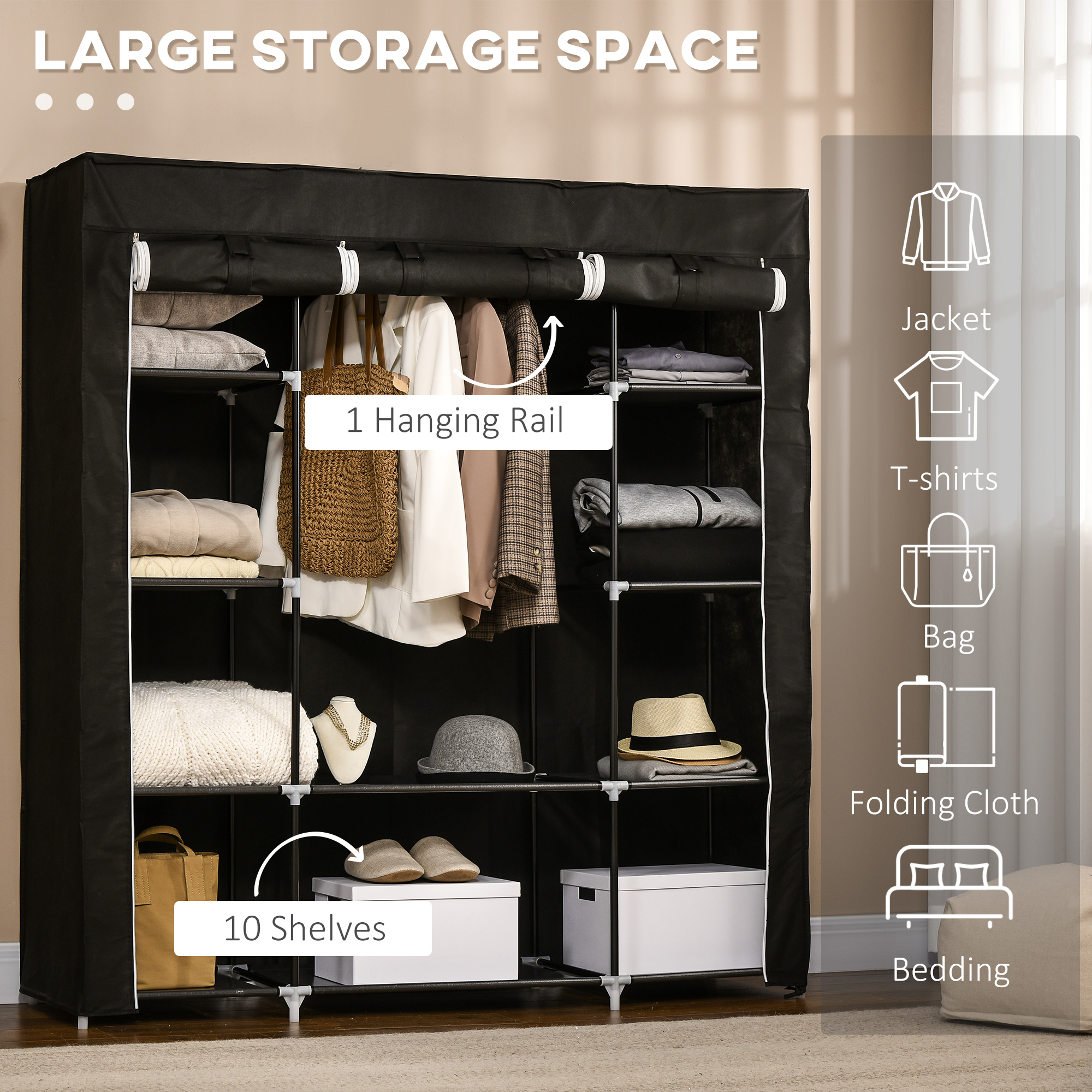 HOMCOM Portable Fabric Wardrobe with 10 Shelves, 1 Hanging Rail, Foldable Closet Storage, 150 x 43 x 162.5 cm, Black