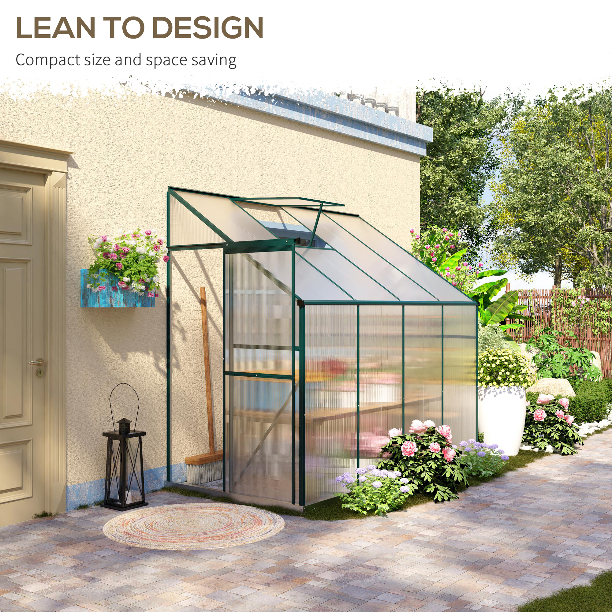 Outsunny Walk-In Greenhouse Lean to Wall Greenhouse Garden Heavy Duty Aluminium Polycarbonate with Roof Vent for Plants, 253 x 127 x 220 cm