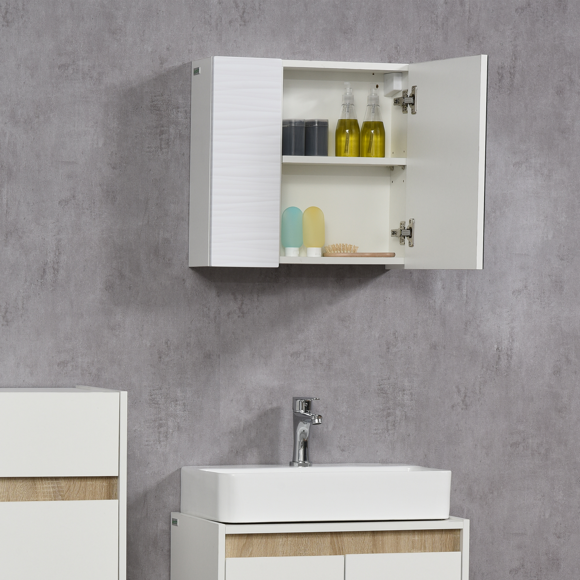 Kleankin Wall Mounted Double Door Bathroom Mirror Cabinet, Adjustable Shelf Storage Cupboard Organizer, White.