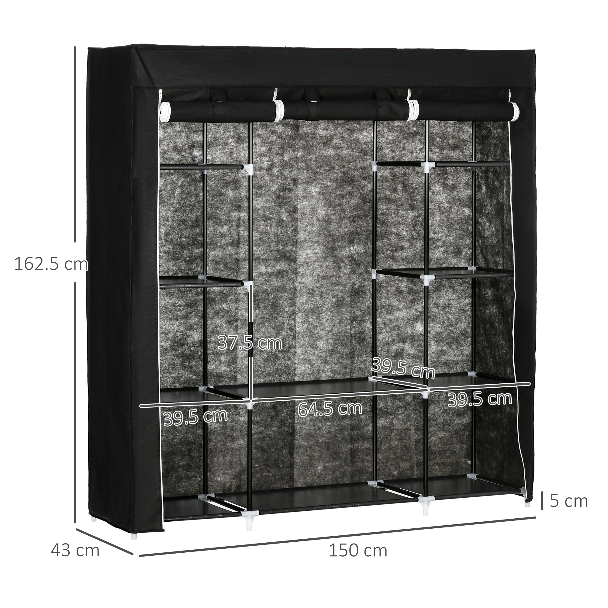 HOMCOM Portable Fabric Wardrobe with 10 Shelves, 1 Hanging Rail, Foldable Closet Storage, 150 x 43 x 162.5 cm, Black