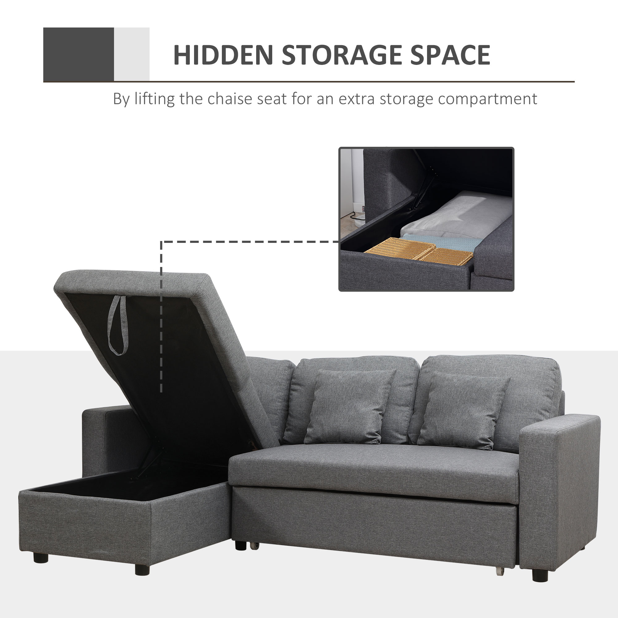HOMCOM 3 Seater Corner Sofa Bed with Storage, L Couches for Living Room with Chaise Lounge, Double Sofa, Grey