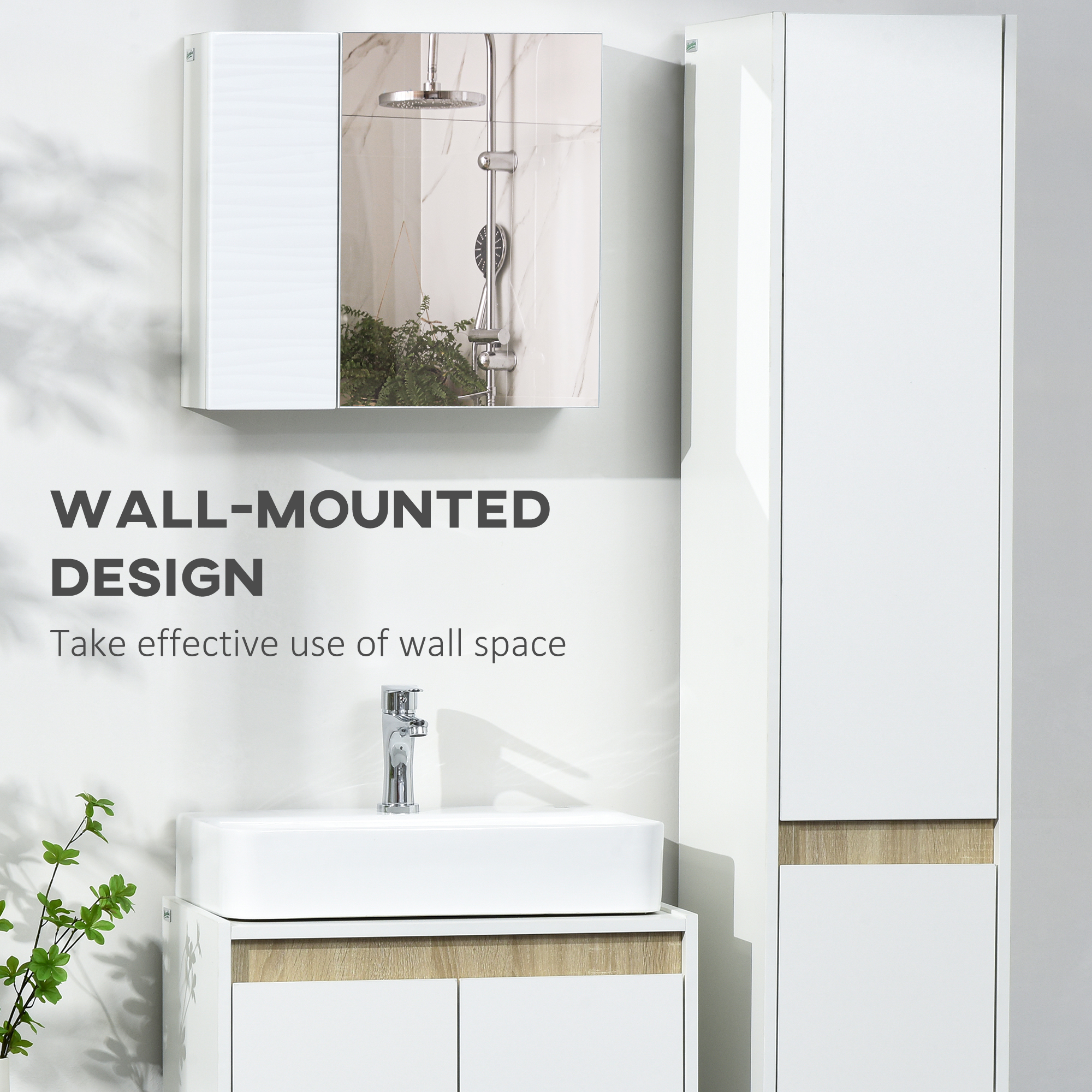 Kleankin Wall Mounted Double Door Bathroom Mirror Cabinet, Adjustable Shelf Storage Cupboard Organizer, White.