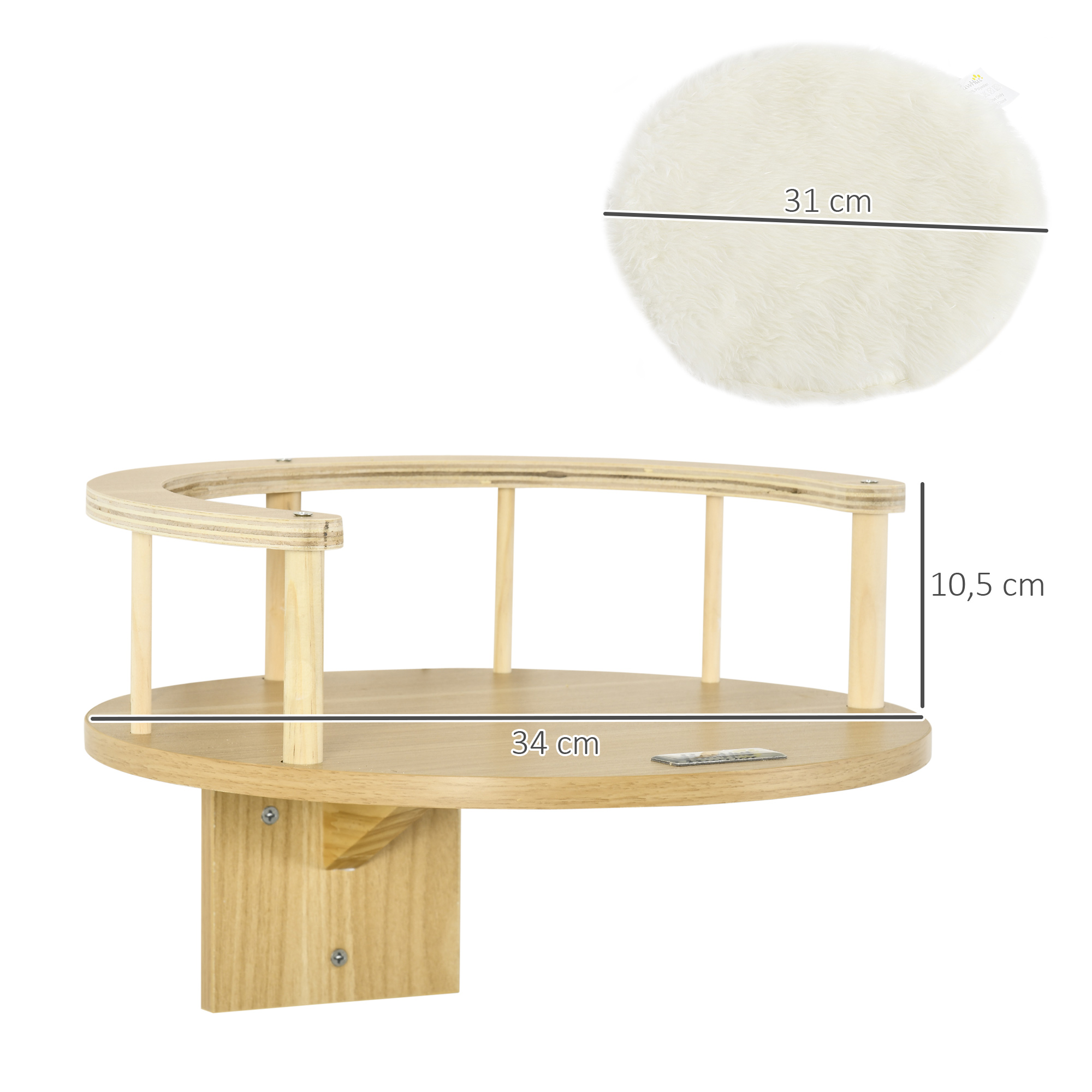 PawHut kattenklimwand, kattenbed voor aan de muur, kattenbed voor wandmontage, kattenhangmat, kattenplatform met kussen, kattenmeubilair, eiken crèmewit, 34 x 10,5 cm