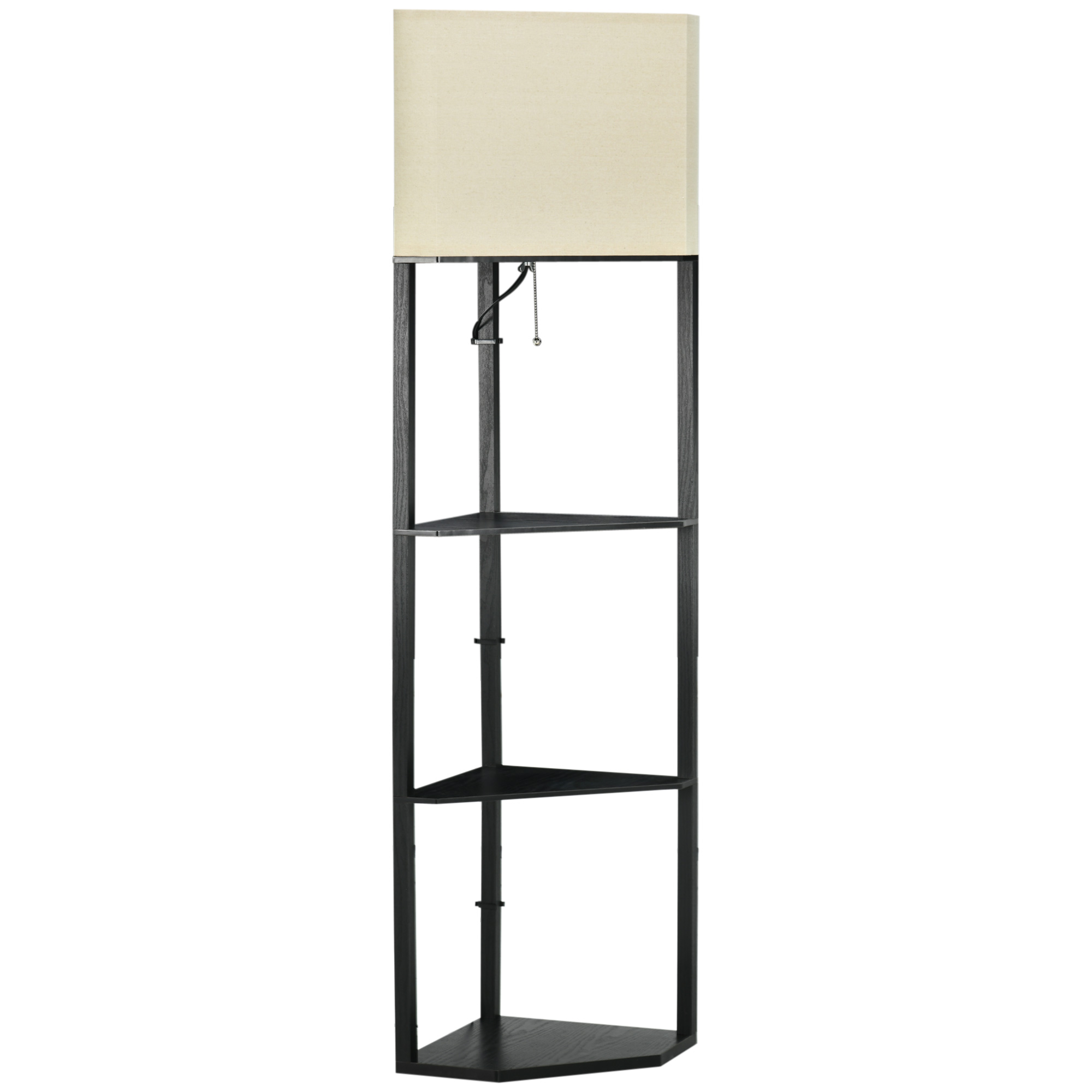 HOMCOM Lámpara de Pie con Estantes de Madera Pantalla de Tela e Interruptor de Cadena 50x37x159 cm Negro y Beige