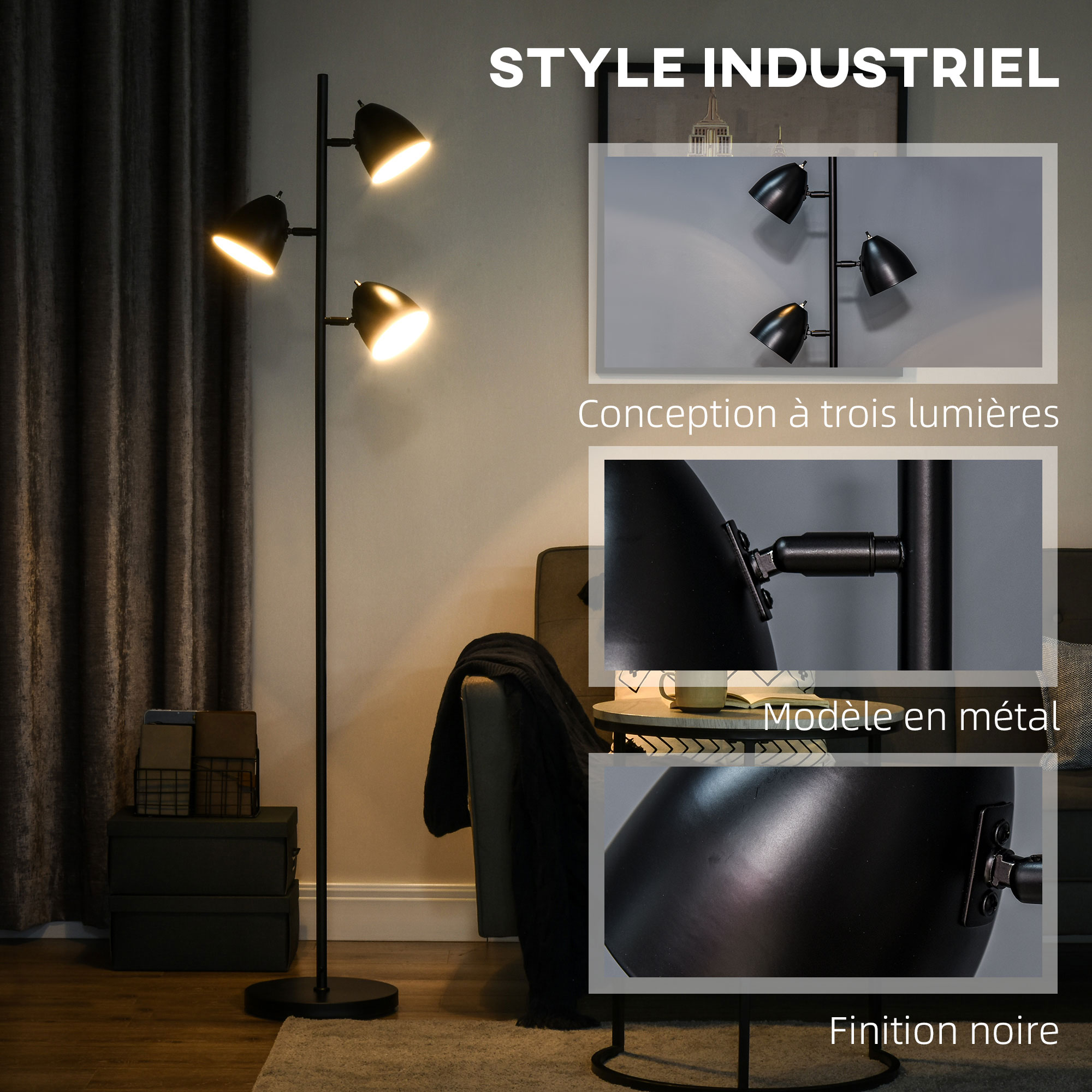 HOMCOM Lampadaire sur pied salon style industriel 3 abat-jours orientables  en acier 38 x 28 x 169 cm noir