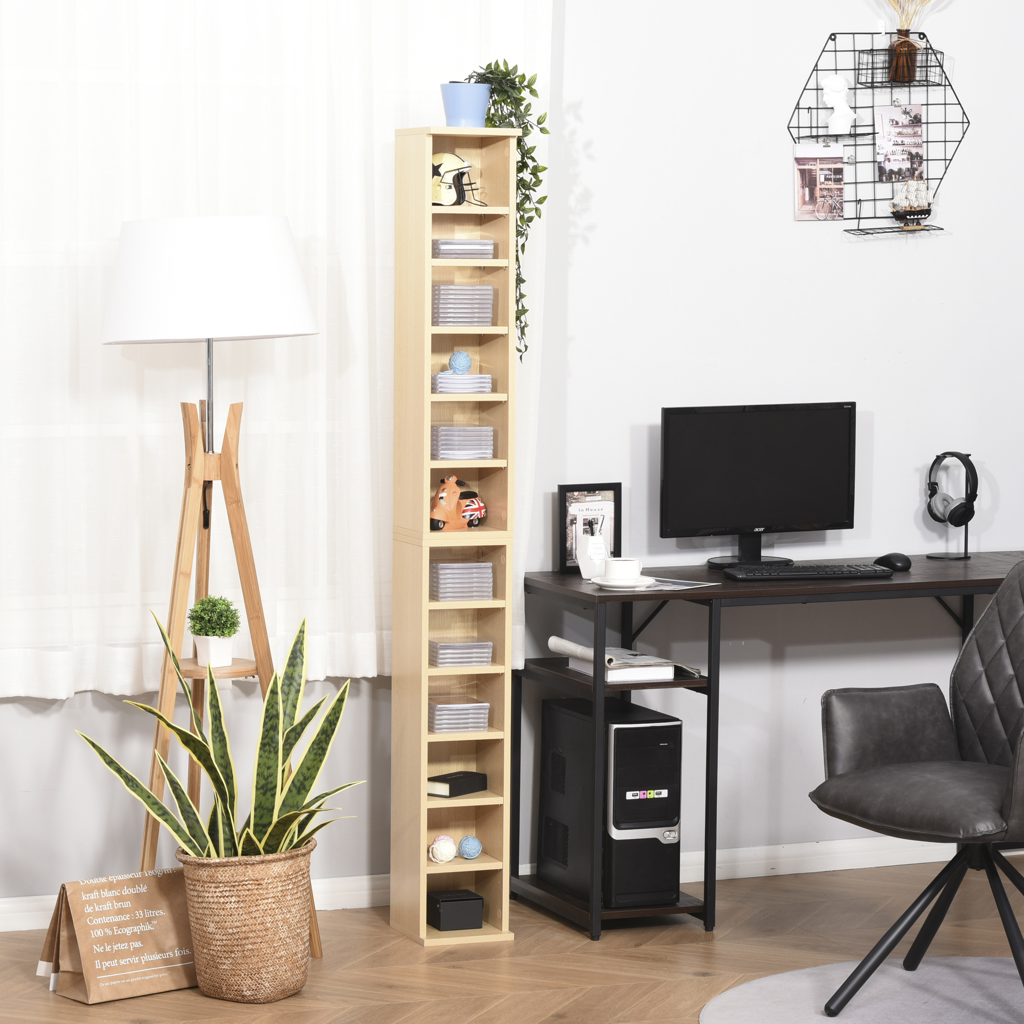HOMCOM 204 CD Media Display Shelf Unit Set of 2 Blu-Ray DVD Tower Rack w/ Adjustable Shelves Bookcase Storage Organiser, Natural Wood Color