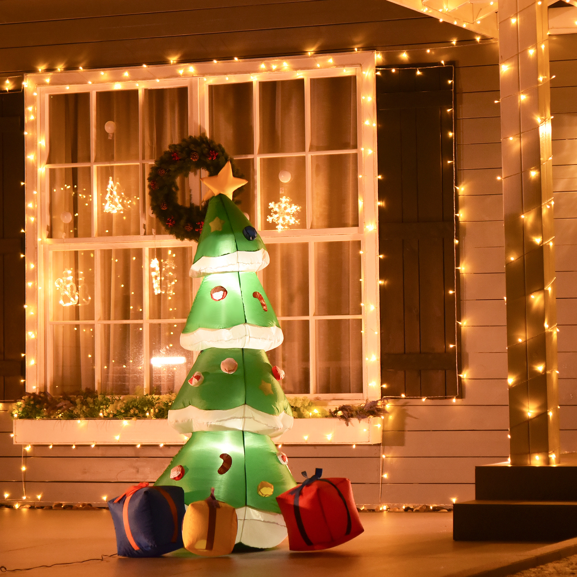 HOMCOM 2.1m Tall Inflatable Christmas Tree with Star and Multicolour Gift Boxes Huge Lighted Outdoor Decoration with 3 Built-in LED Lights Xmas Toy