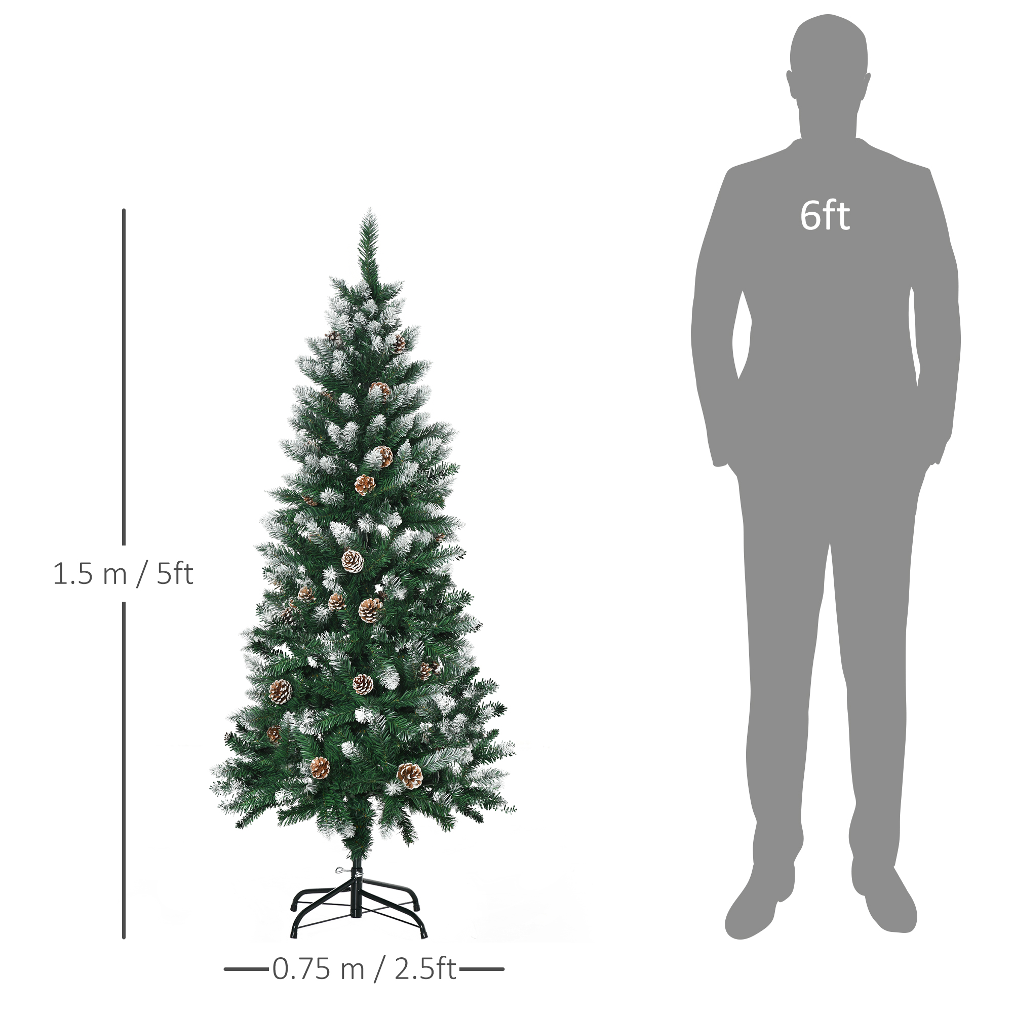 HOMCOM 5 Foot Snow Artificial Christmas Tree with Realistic Branches, Pine Cone, for Indoor Decoration, Green White