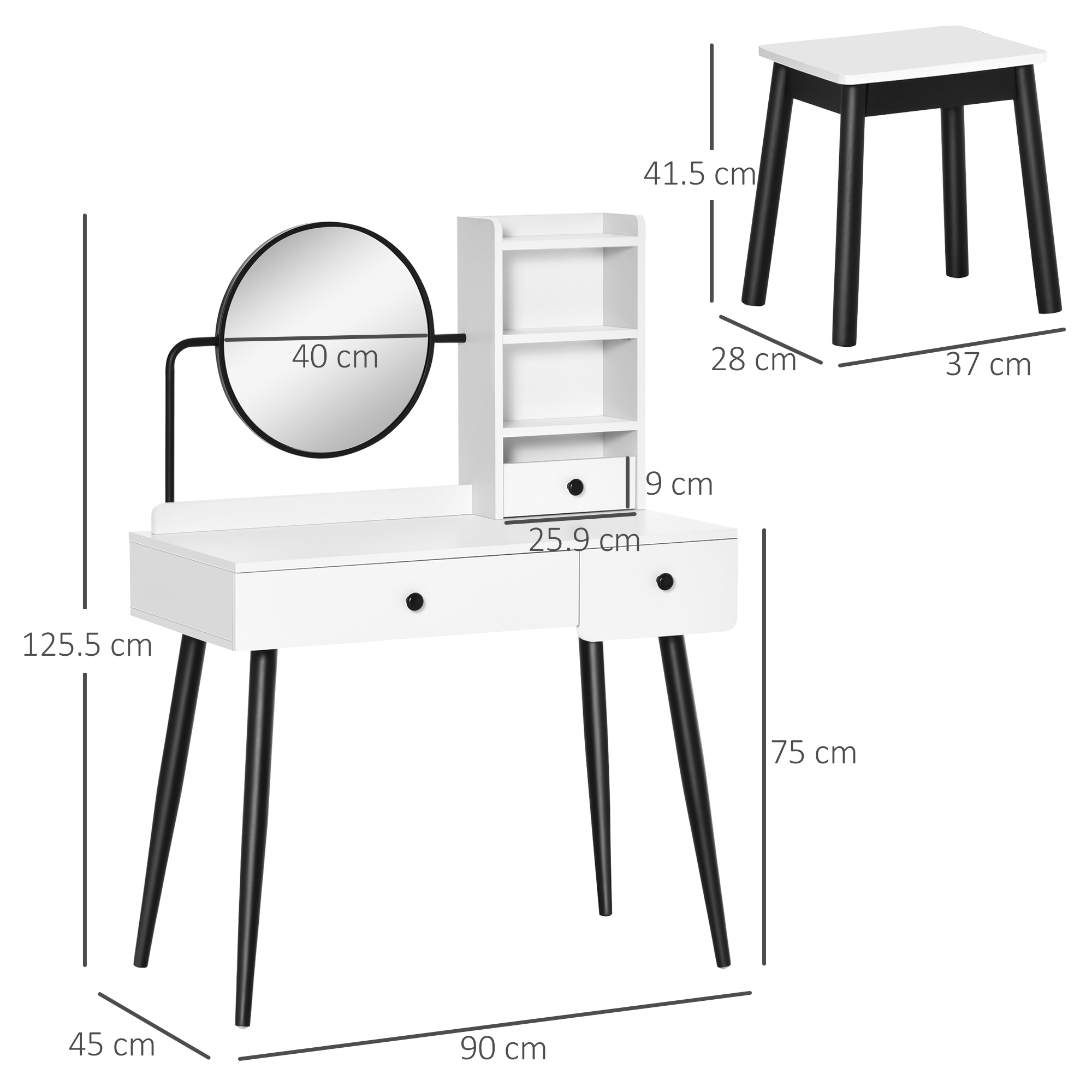 HOMCOM Vanity Dressing Table Set with Mirror and Stool, Makeup Table with 3 Drawers and Open Shelves, White