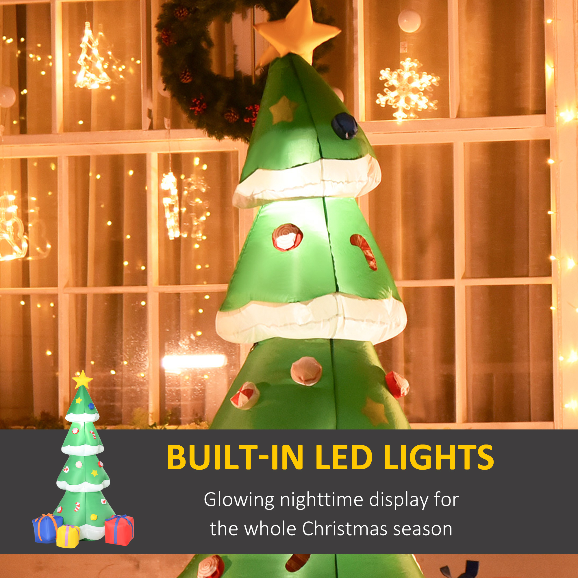 HOMCOM 2.1m Tall Inflatable Christmas Tree with Star and Multicolour Gift Boxes Huge Lighted Outdoor Decoration with 3 Built-in LED Lights Xmas Toy
