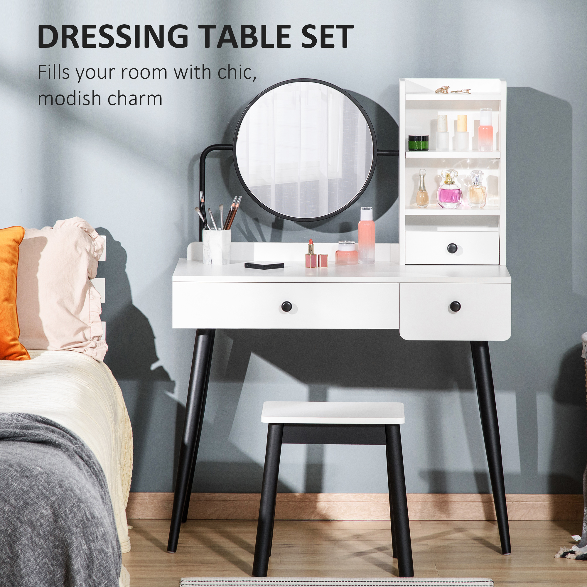 HOMCOM Vanity Dressing Table Set with Mirror and Stool, Makeup Table with 3 Drawers and Open Shelves, White