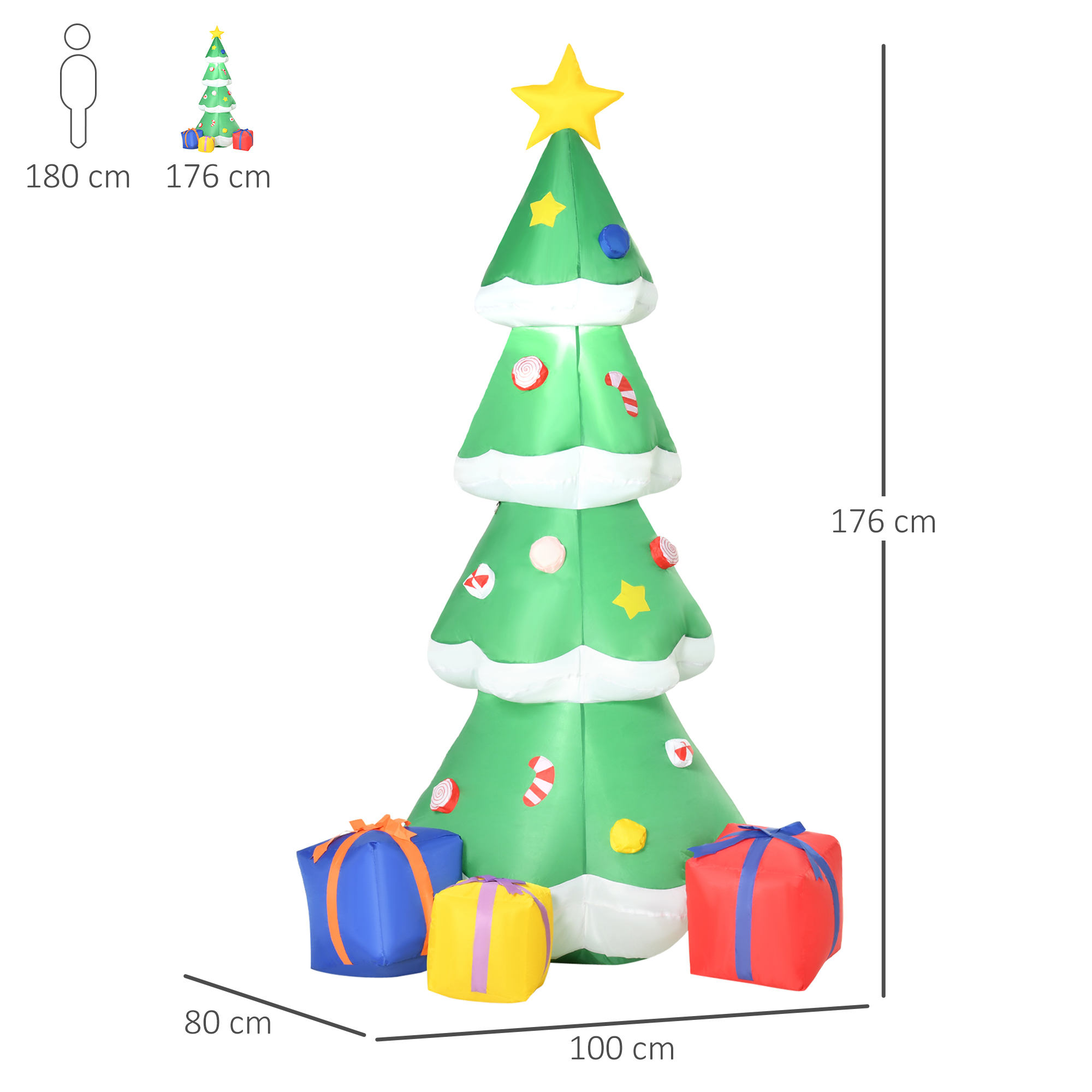 HOMCOM 2.1m Tall Inflatable Christmas Tree with Star and Multicolour Gift Boxes Huge Lighted Outdoor Decoration with 3 Built-in LED Lights Xmas Toy