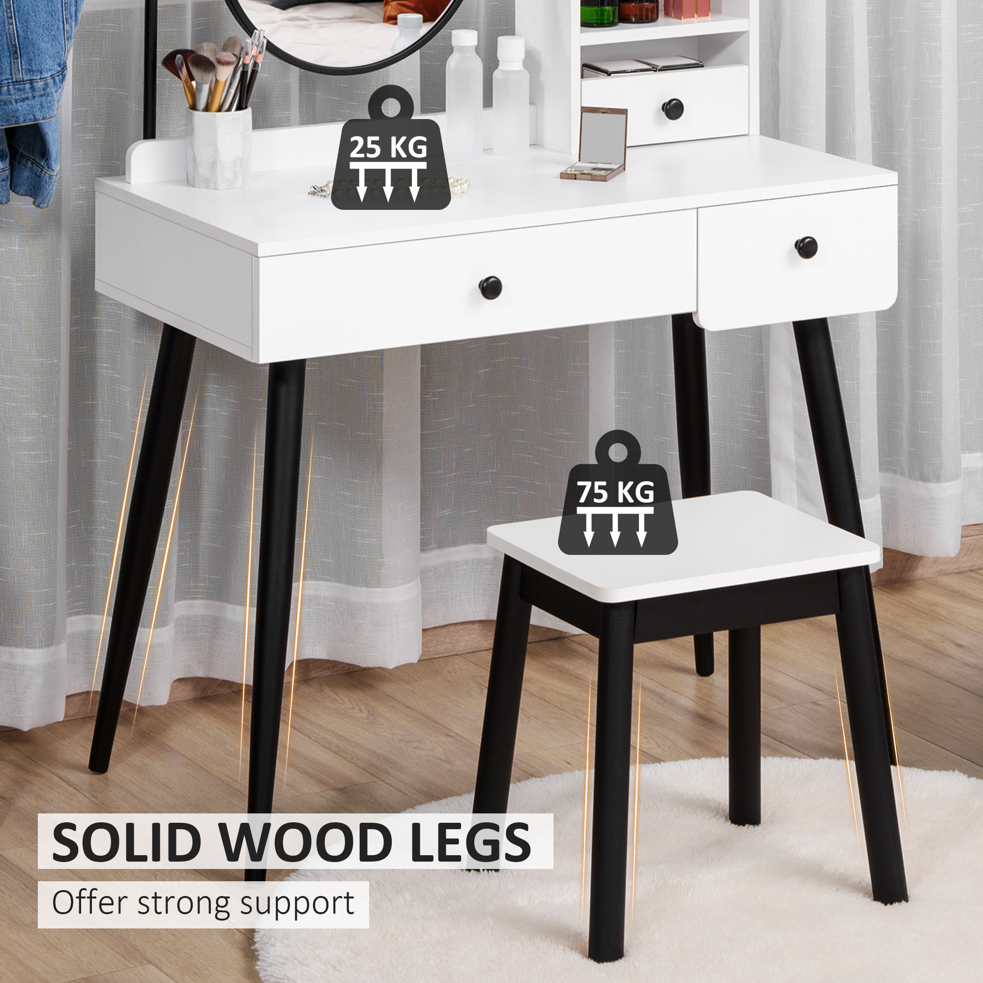 HOMCOM Vanity Dressing Table Set with Mirror and Stool, Makeup Table with 3 Drawers and Open Shelves, White