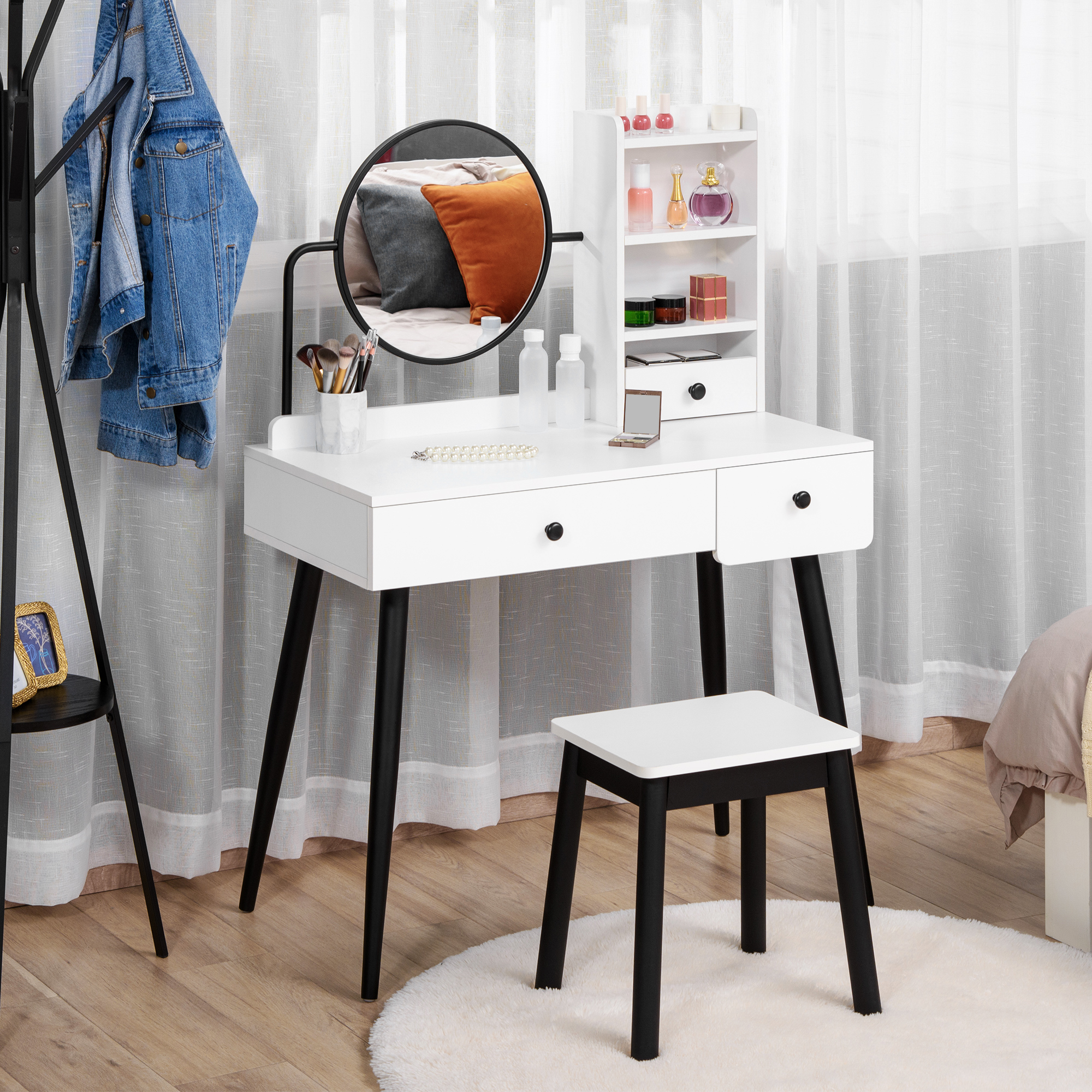 HOMCOM Vanity Dressing Table Set with Mirror and Stool, Makeup Table with 3 Drawers and Open Shelves, White