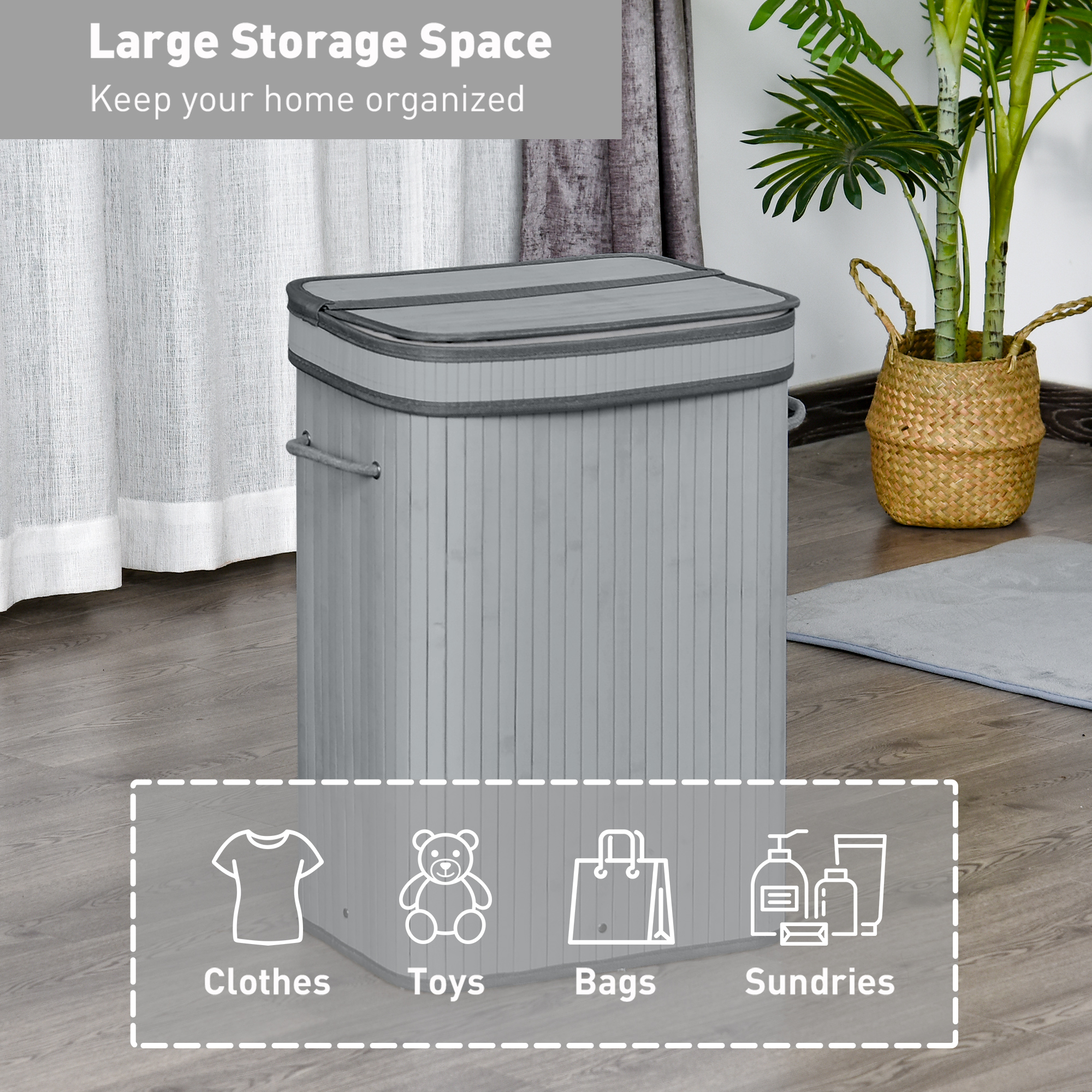 HOMCOM Laundry Basket 70L, Natural Wood, Flip Lid, Removable Linen, Foldable, Water-Resistant, Handles, Natural Colour