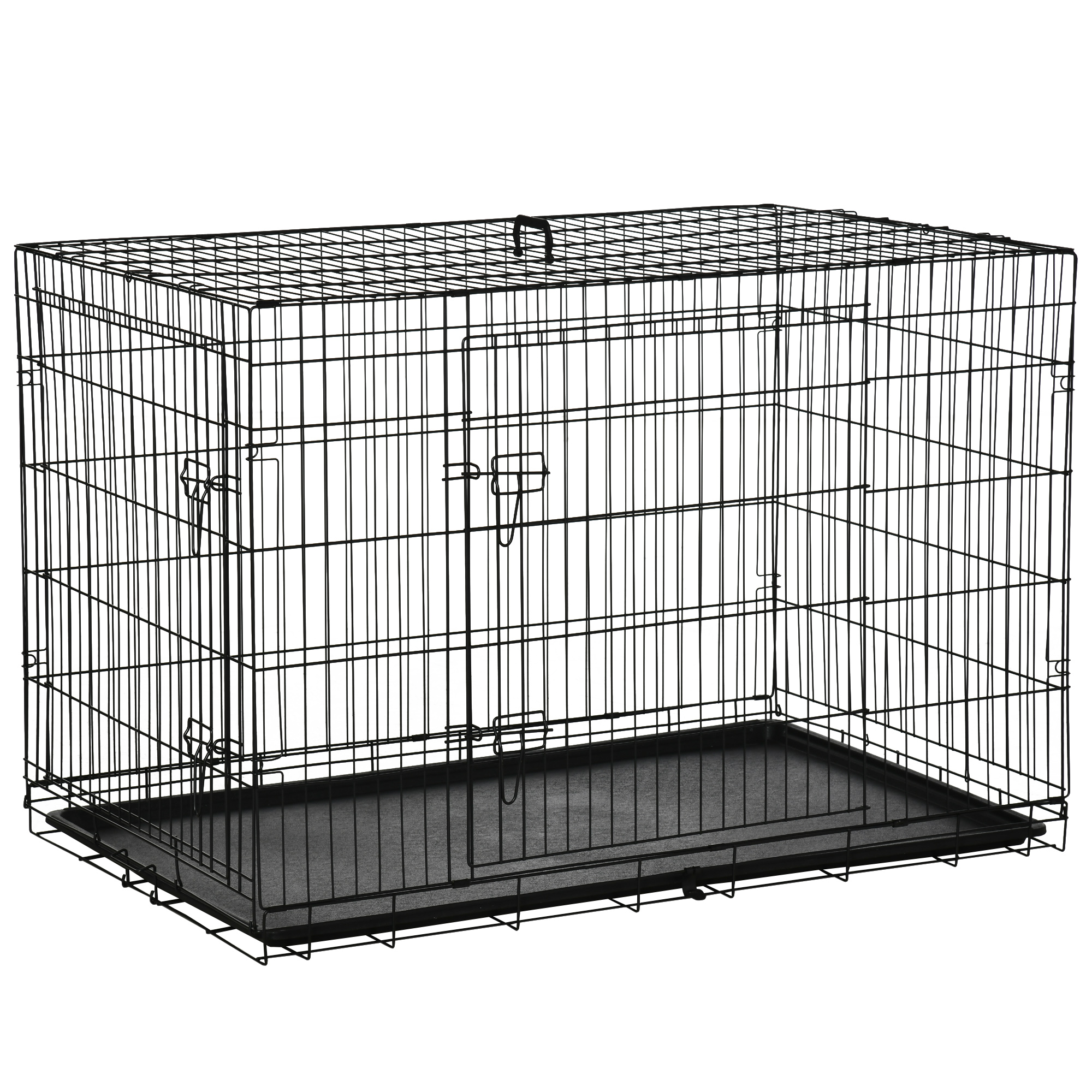 PawHut Gaiola para Cães com 2 Portas Gaiola para Animais de Estimação de Arame Dobrável com Alça de Transporte Aço 121×74,5x81cm Preto