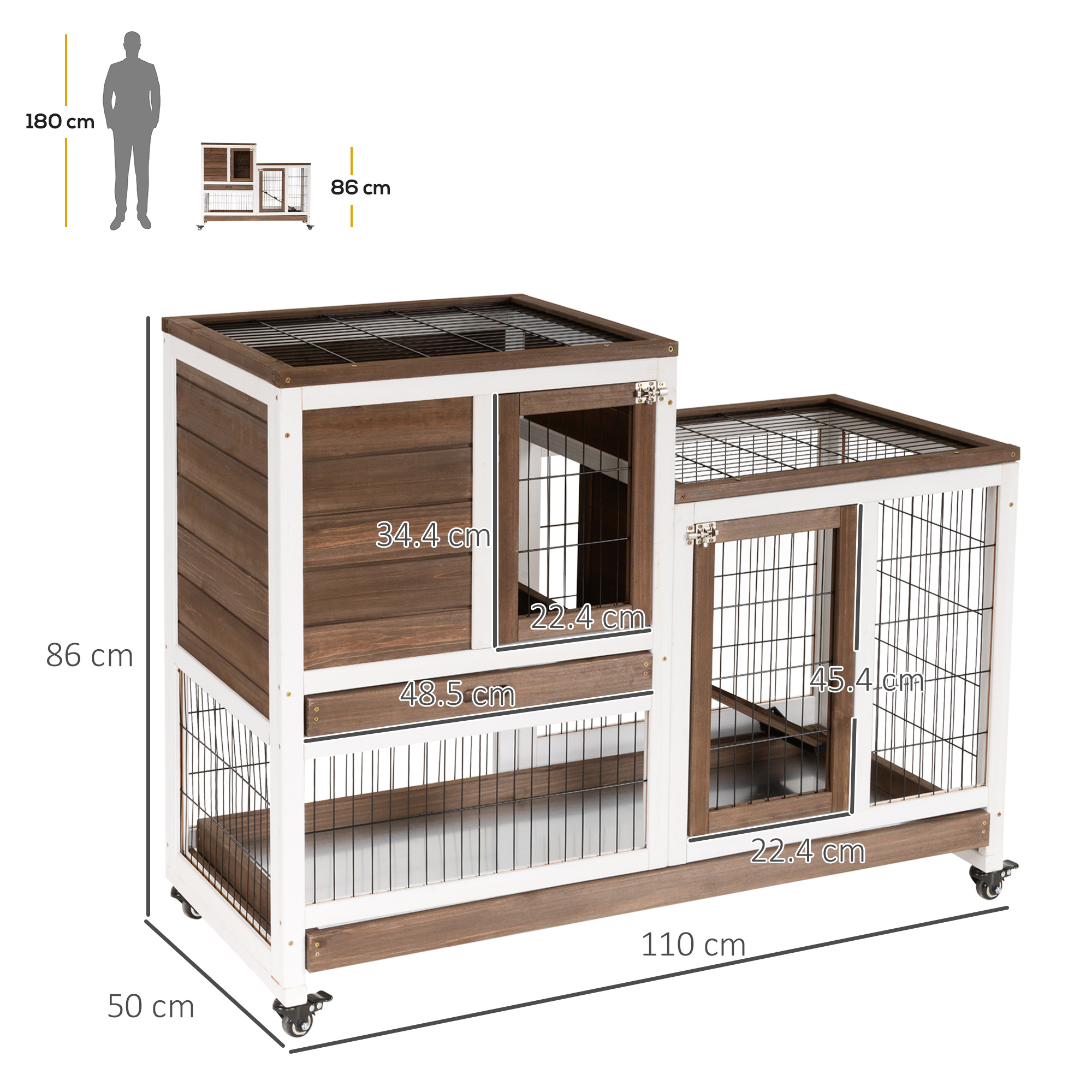 Gabbia Per Conigli PawHut Esterna In Legno 180x90x48 Cm - Con 3 Porte, Filo Zincato, Per Conigli, Galline, Piccoli Animali
