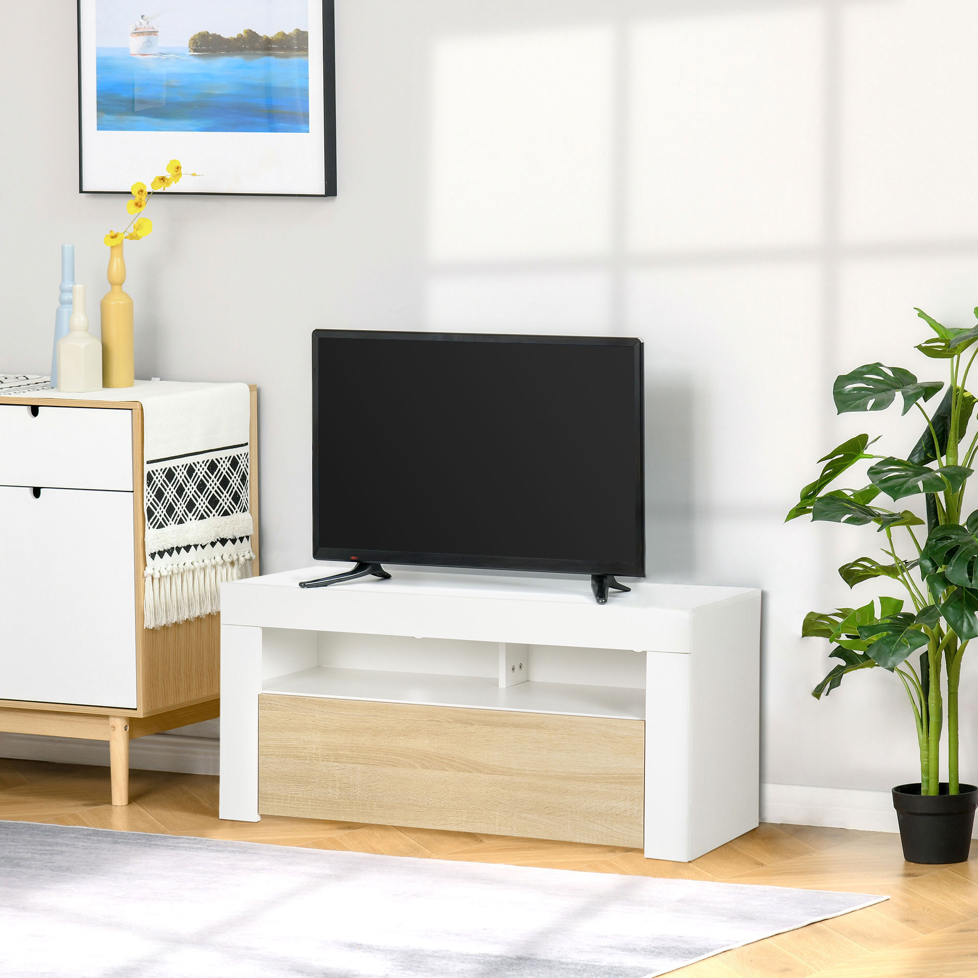 Meuble TV 2 En 1 Avec Bibliothèque - Pour Télés Jusqu'à 50", Forme En L, Marron, 144.5x121 Cm, Charge 40 Kg