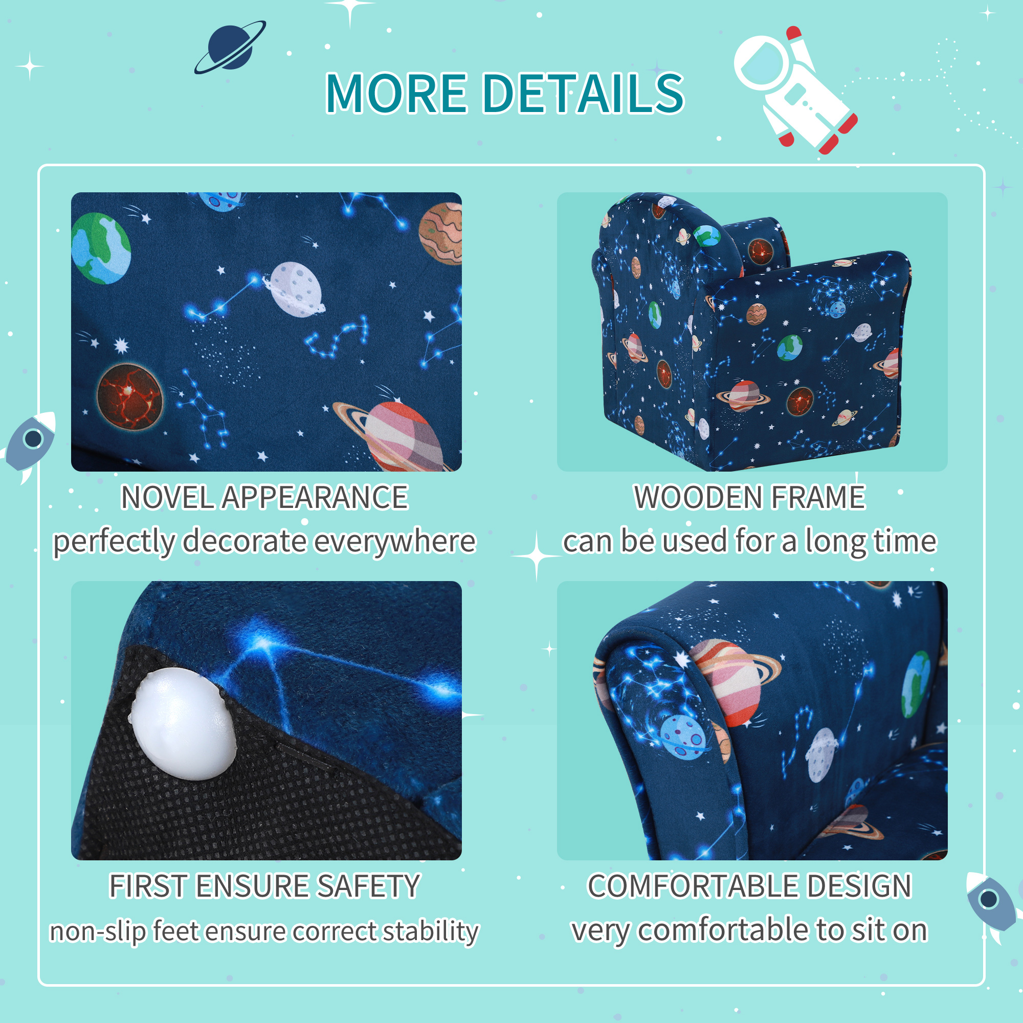 HOMCOM Kids Armchair, Planet Theme with Non-Slip Feet, Sturdy Wooden Frame, Comfortable Seating for Children, Blue