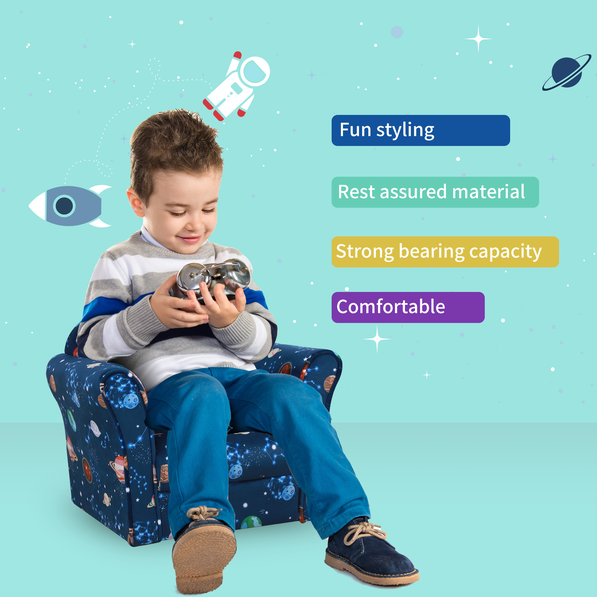 HOMCOM Kids Armchair, Planet Theme with Non-Slip Feet, Sturdy Wooden Frame, Comfortable Seating for Children, Blue