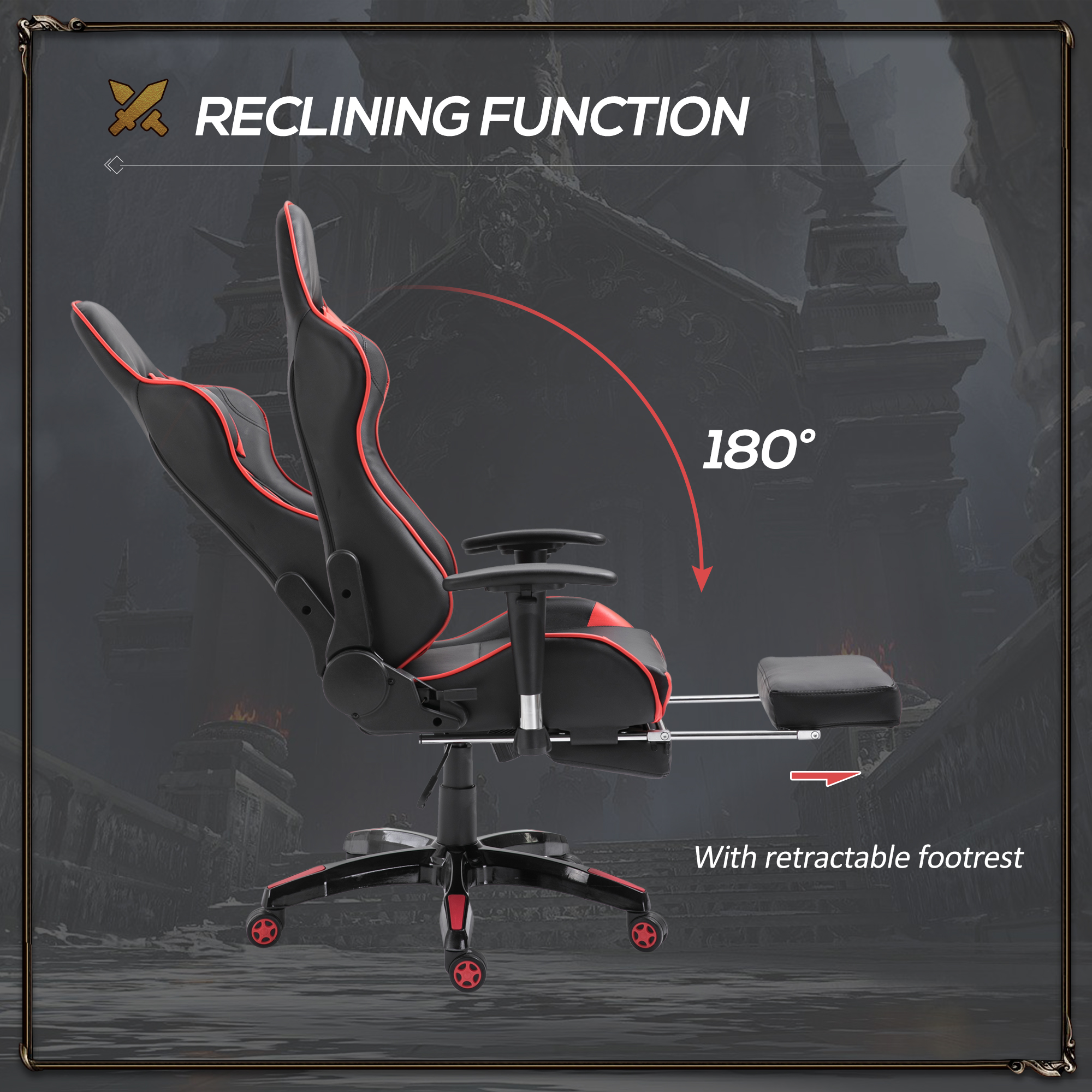 HOMCOM High-Back Gaming Chair Swivel Home Office Computer Racing Gamer Recliner Chair Faux Leather with Footrest, Wheels, Red Black