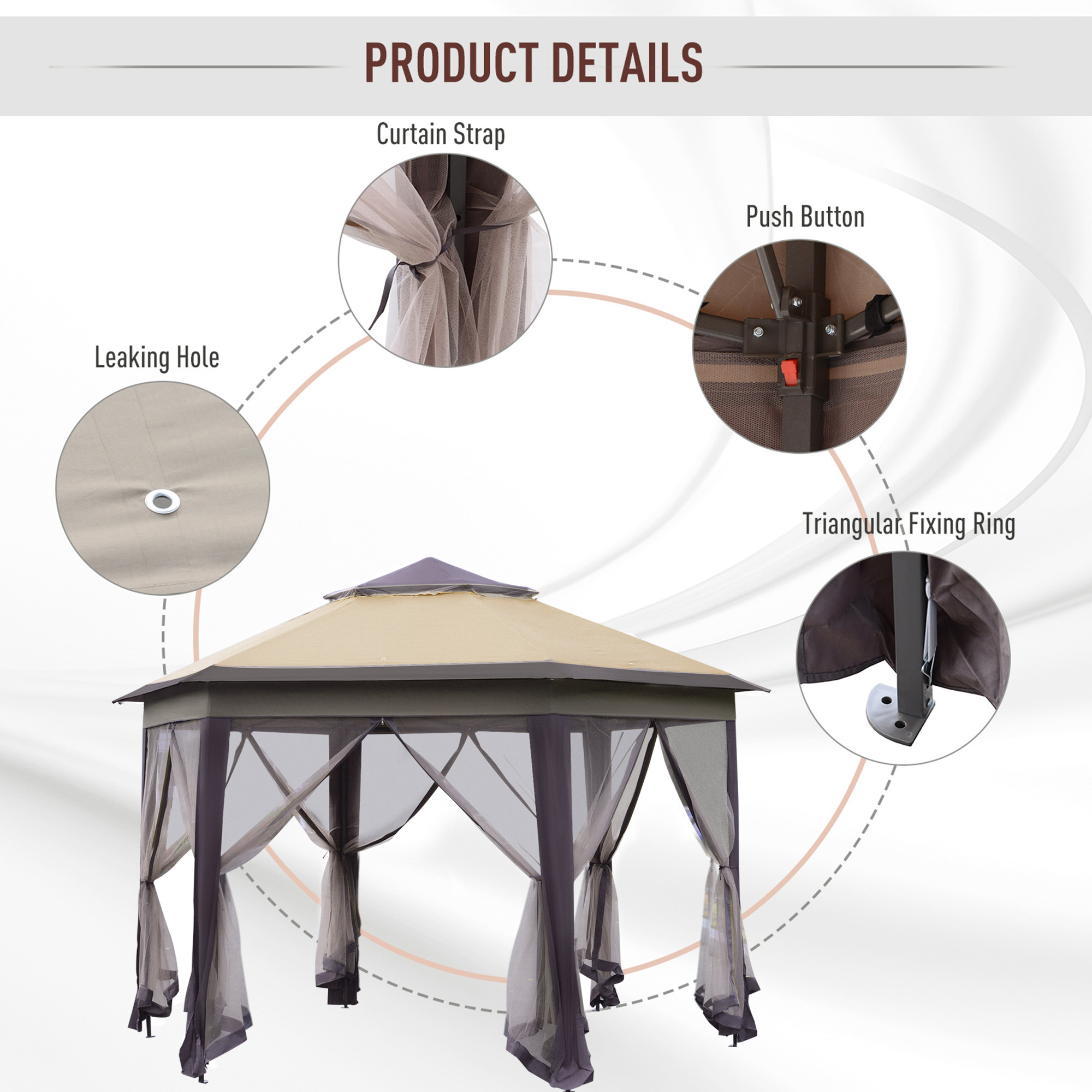 Outsunny Hexagon Patio Gazebo Pop Up Gazebo Outdoor Double Roof Instant Shelter with Netting, 4m x 4m, Beige