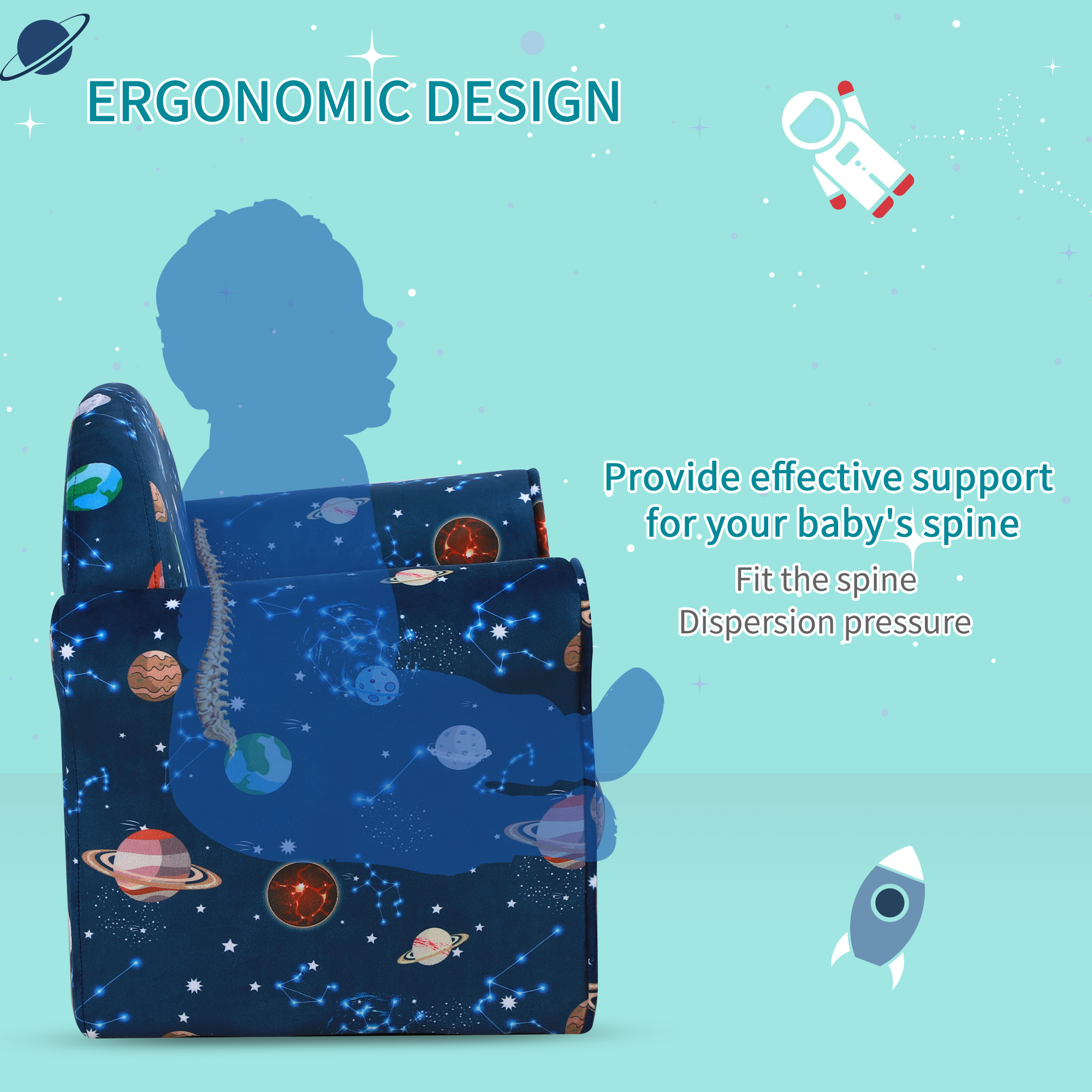 HOMCOM Kids Armchair, Planet Theme with Non-Slip Feet, Sturdy Wooden Frame, Comfortable Seating for Children, Blue