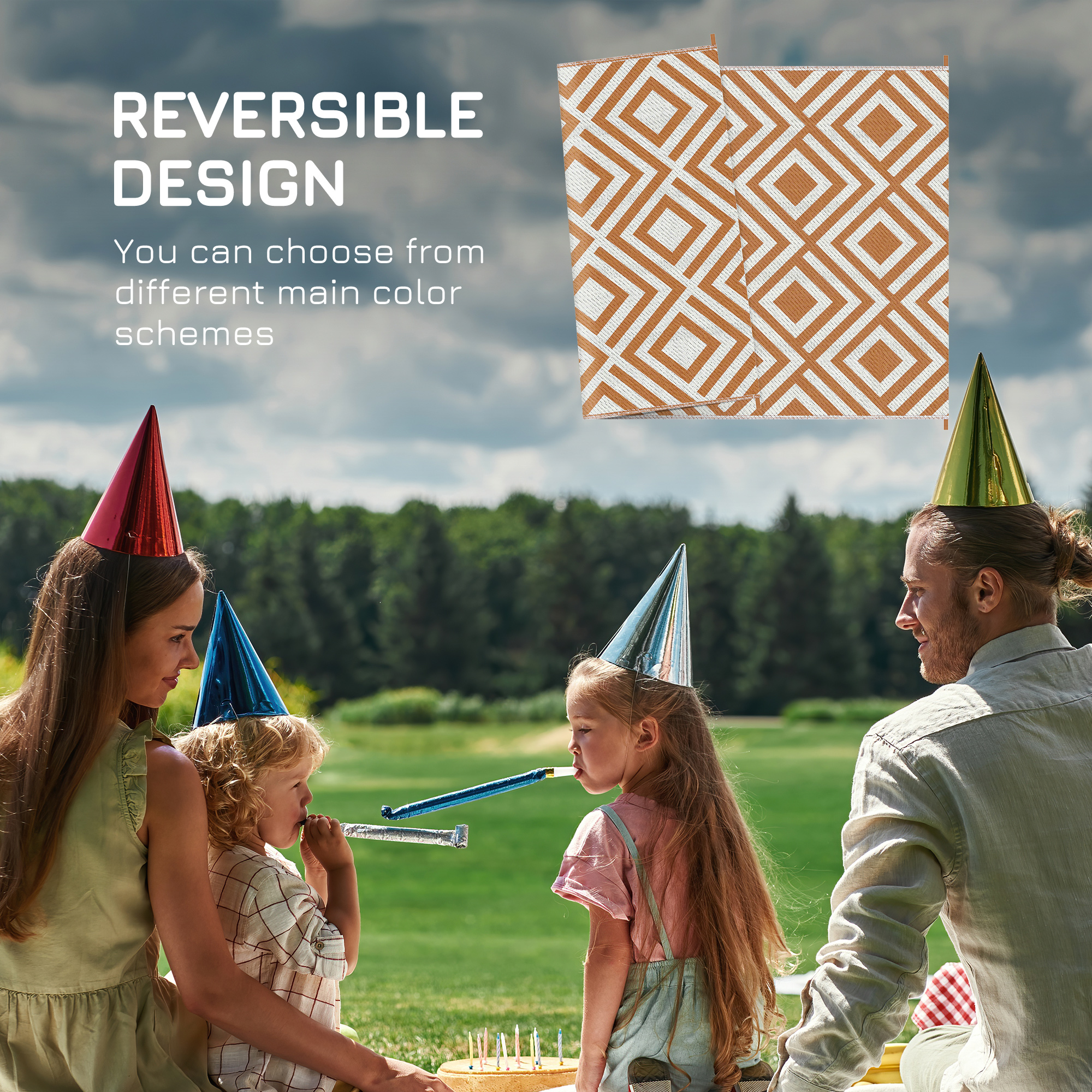 Outsunny Reversible Outdoor Rug, Waterproof Plastic Straw Mat with Carry Bag and Ground Stakes for Deck, RV, or Beach, Brown & White