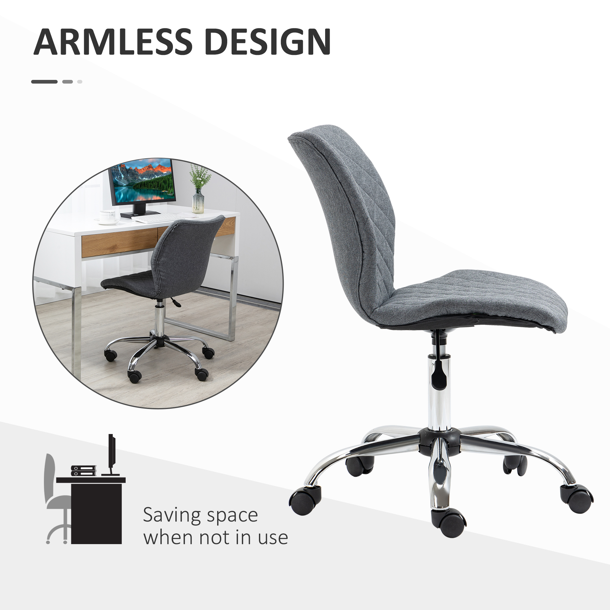 Vinsetto Office Chair Armless Desk Chair Linen Fabric Task Chair with 360°  Swivel Wheels and Adjustable Height for Home Office, Grey