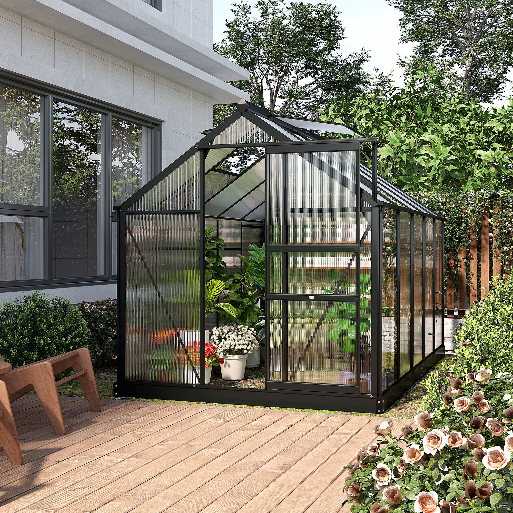 Outsunny Large Walk-In Greenhouse, Polycarbonate with Galvanised Base, 6 x 10ft, Aluminium Frame