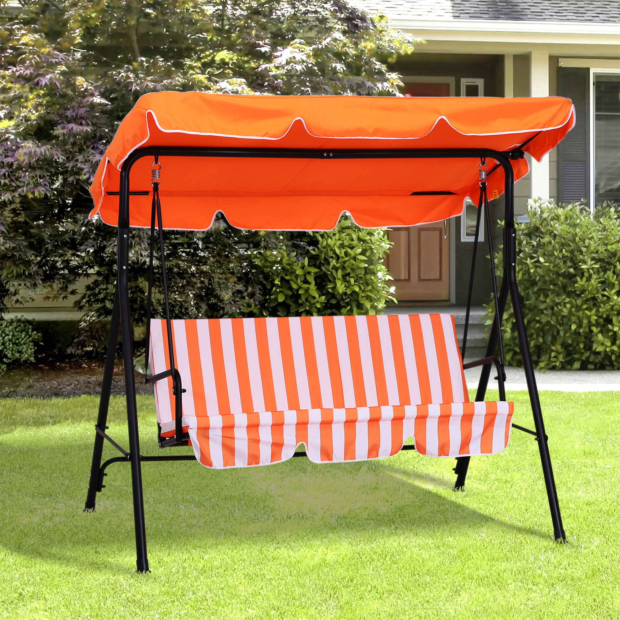 Outsunny 3 Seater Canopy Swing Chair Garden Rocking Bench Heavy Duty Patio Metal Seat w/ Top Roof - Orange