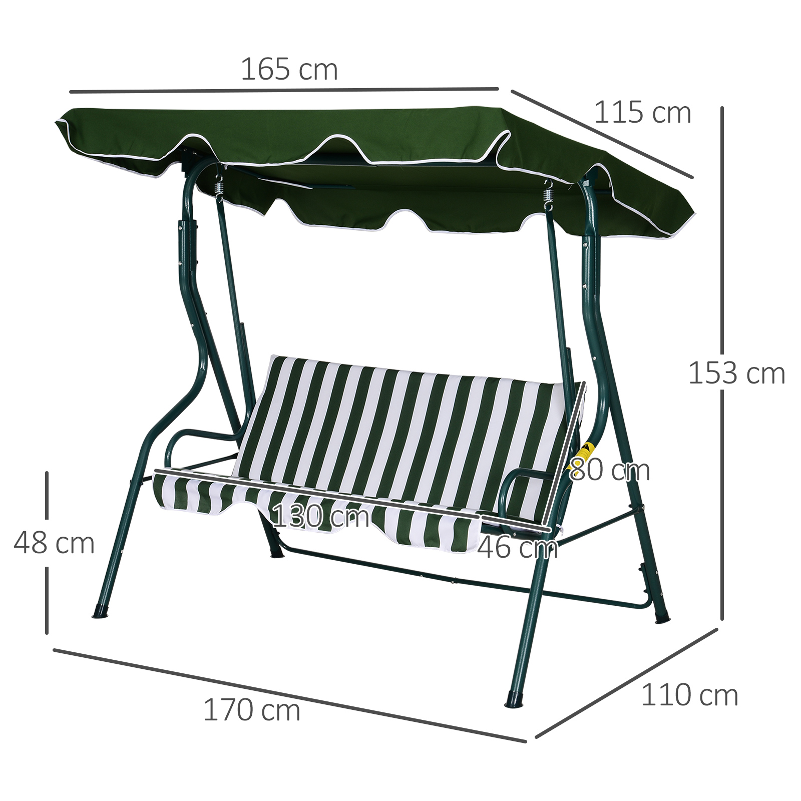 Outsunny Steel 3-Seater Swing Chair w/ Canopy Green