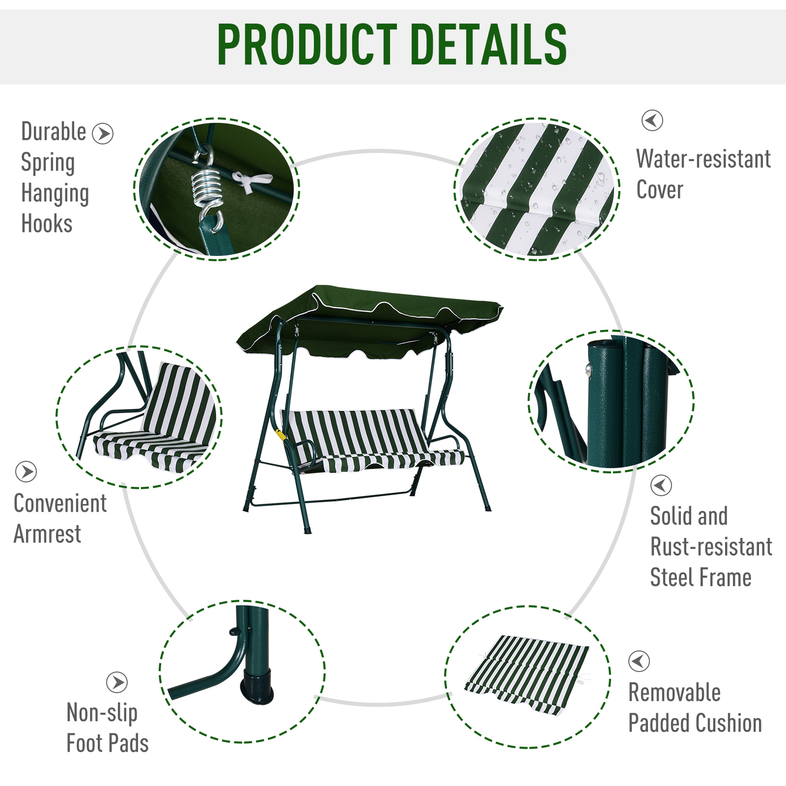Outsunny Steel 3-Seater Swing Chair w/ Canopy Green