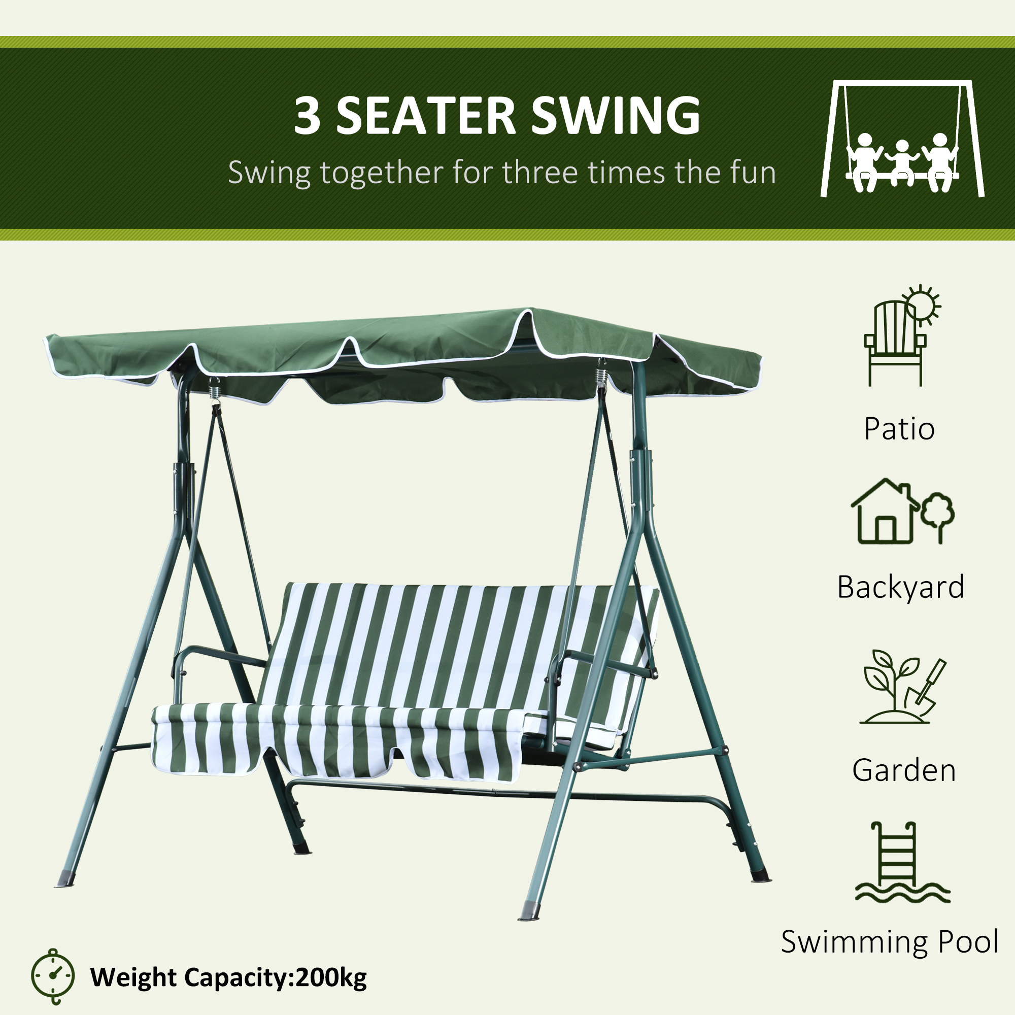 Outsunny Steel 3-Seater Swing Chair w/ Adjustable Canopy Green