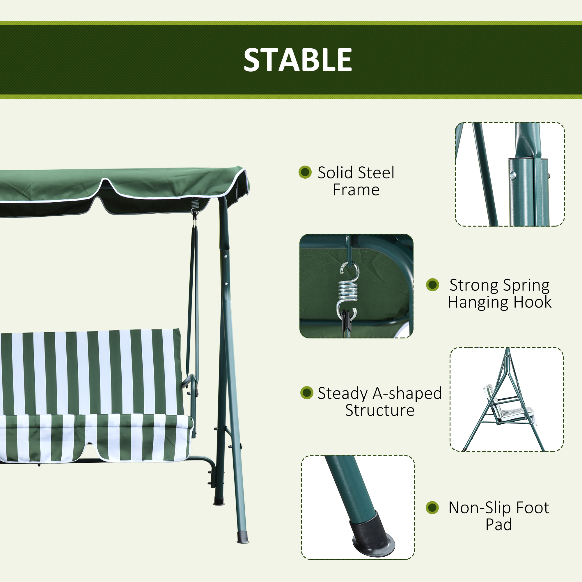 Outsunny Steel 3-Seater Swing Chair w/ Adjustable Canopy Green