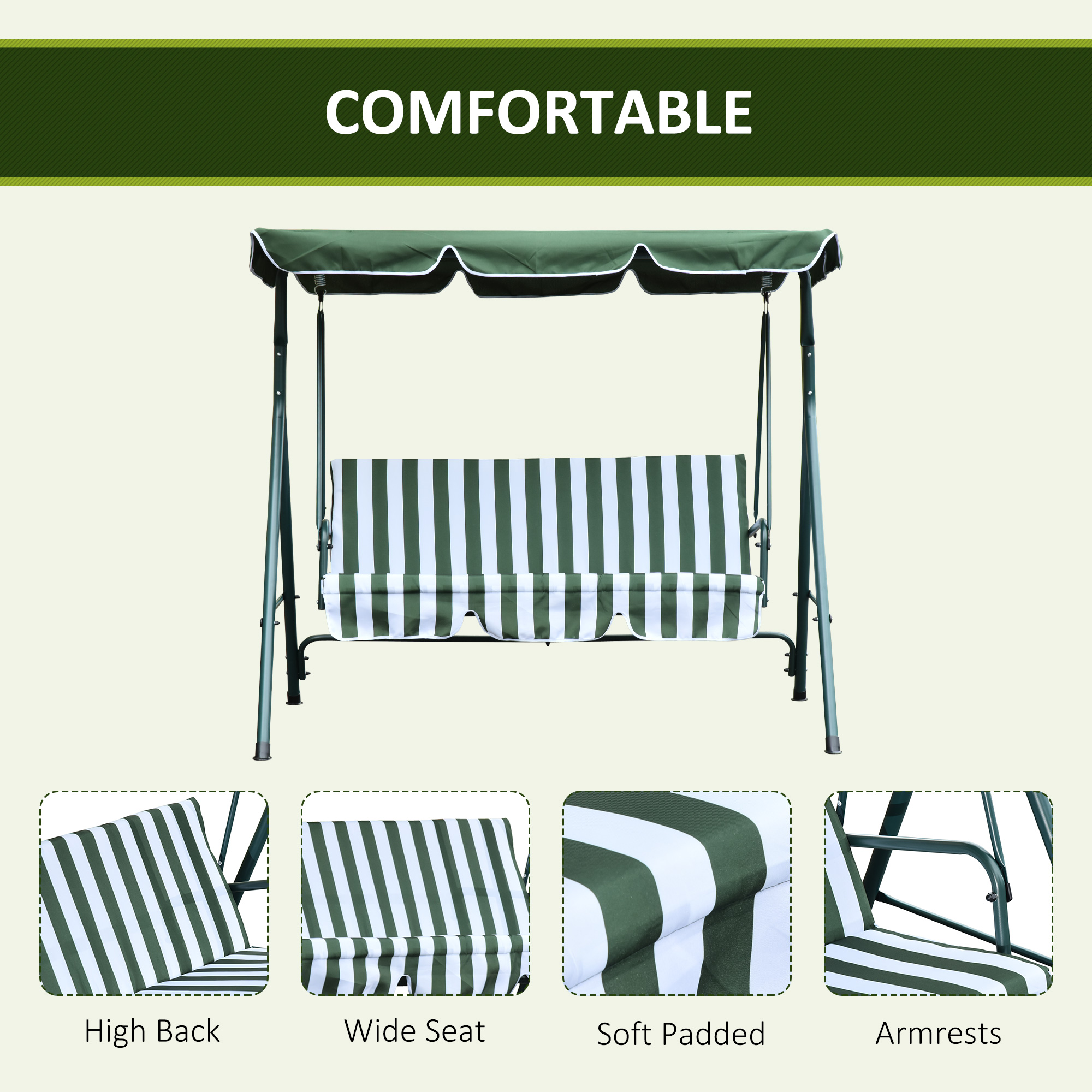 Outsunny Steel 3-Seater Swing Chair w/ Adjustable Canopy Green