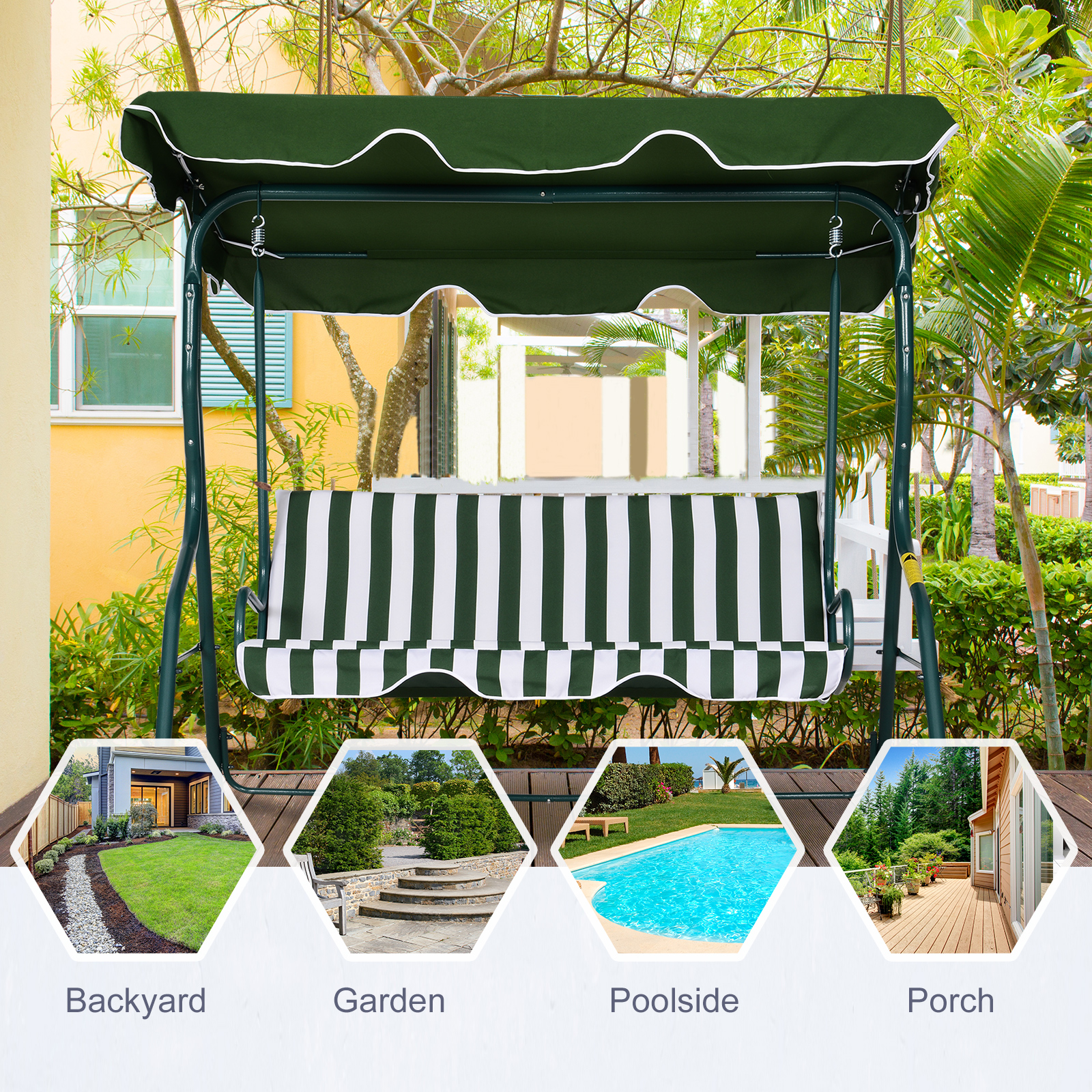 Outsunny Steel 3-Seater Swing Chair w/ Canopy Green