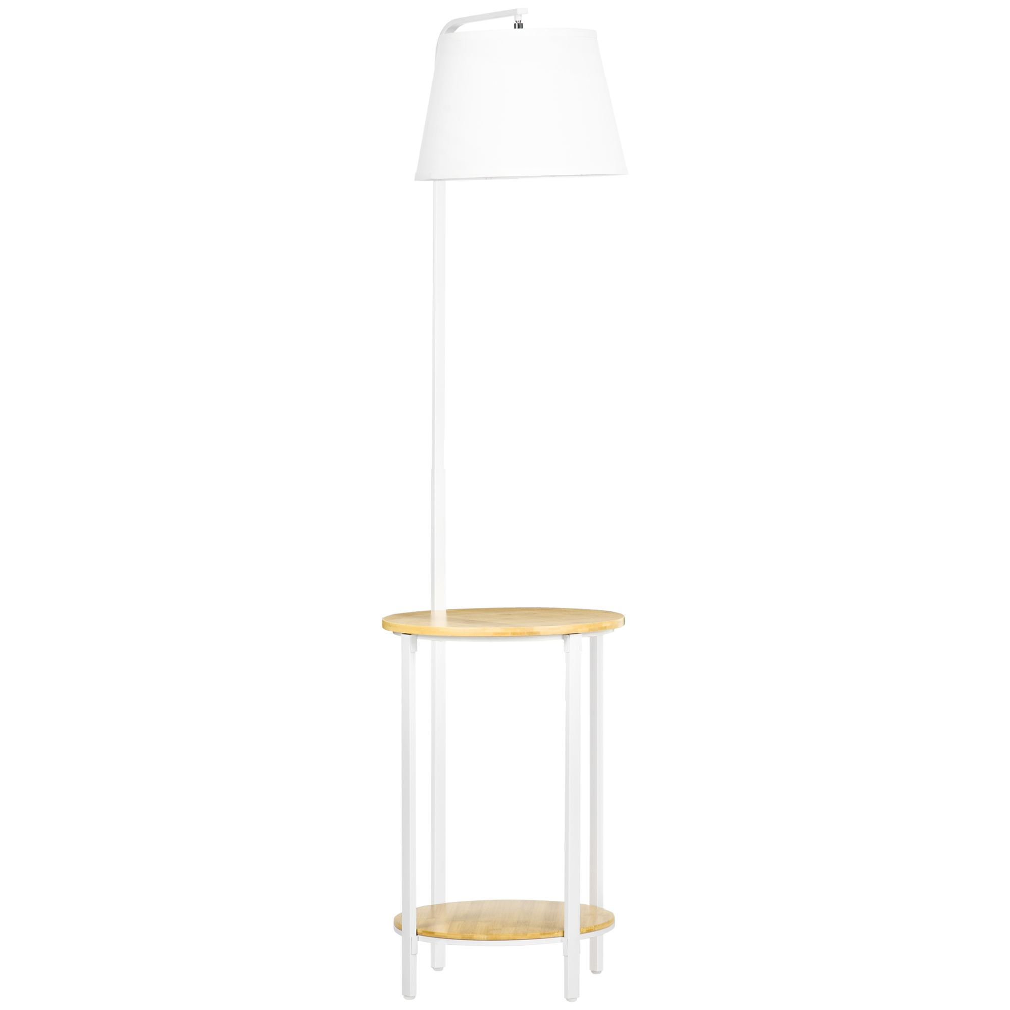 HOMCOM Candeeiro de Pé Moderno com Prateleira Suporte para Lâmpada E27 Máx. 40W com Ecrã de Linho Ø37x162cm Branco e Madeira   Aosom Portugal