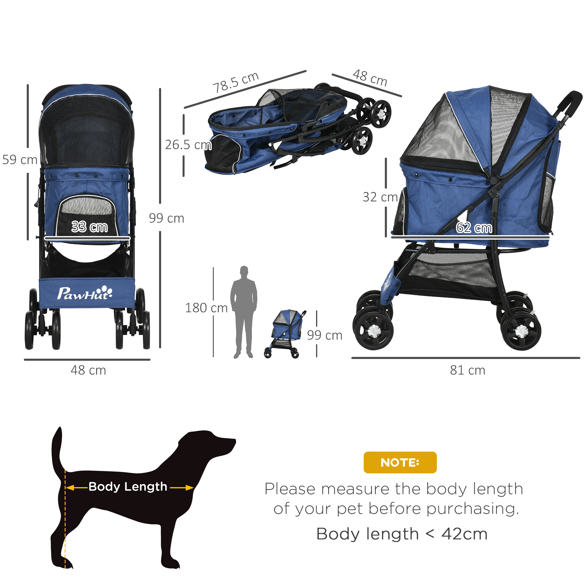 PawHut Foldable Pet Stroller, Dog Cat Travel Carriage with Universal Wheels, Brake Canopy, Basket Storage, Dark Blue.