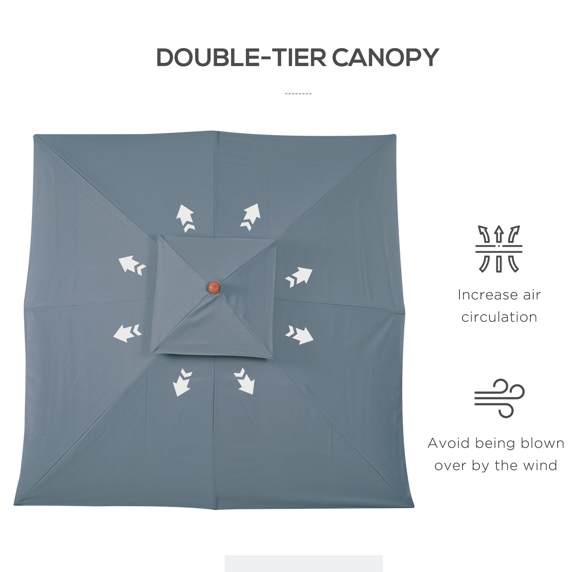 Outsunny 3x3(m) Wood Square Patio Umbrella Garden Market Parasol Sunshade Canopy with 2 Pulley Pagoda Style Dark Grey