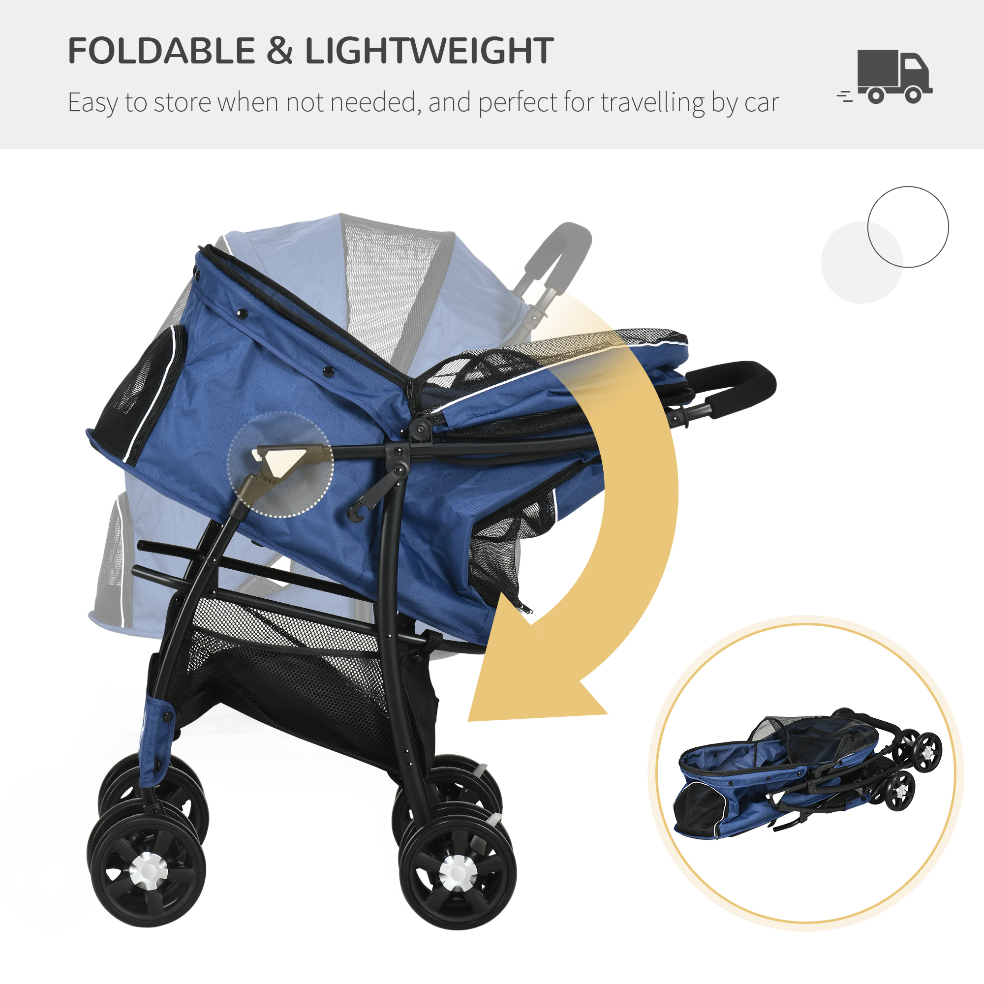 PawHut Foldable Pet Stroller, Dog Cat Travel Carriage with Universal Wheels, Brake Canopy, Basket Storage, Dark Blue.