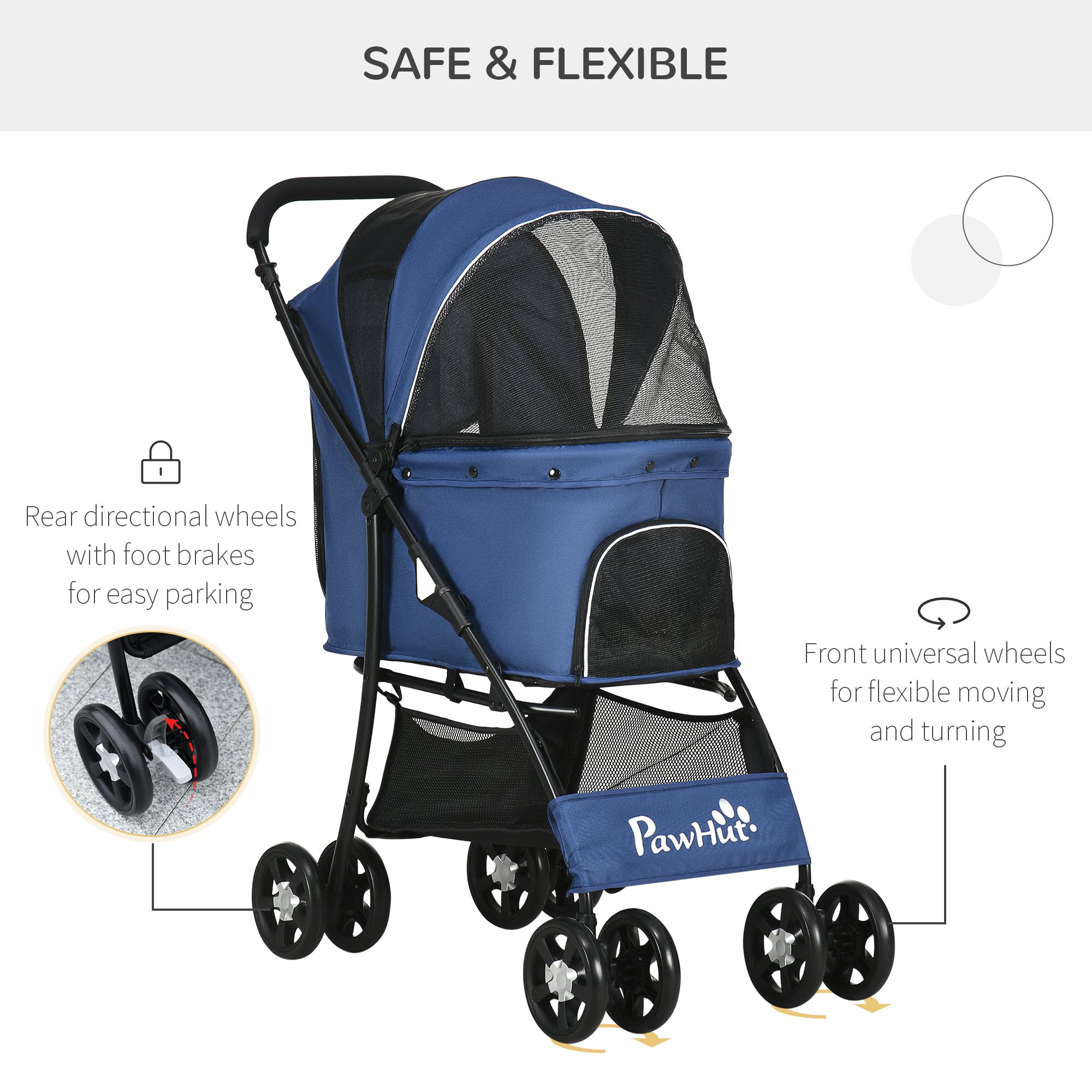 PawHut Foldable Pet Stroller, Dog Cat Travel Carriage with Universal Wheels, Brake Canopy, Basket Storage, Dark Blue.